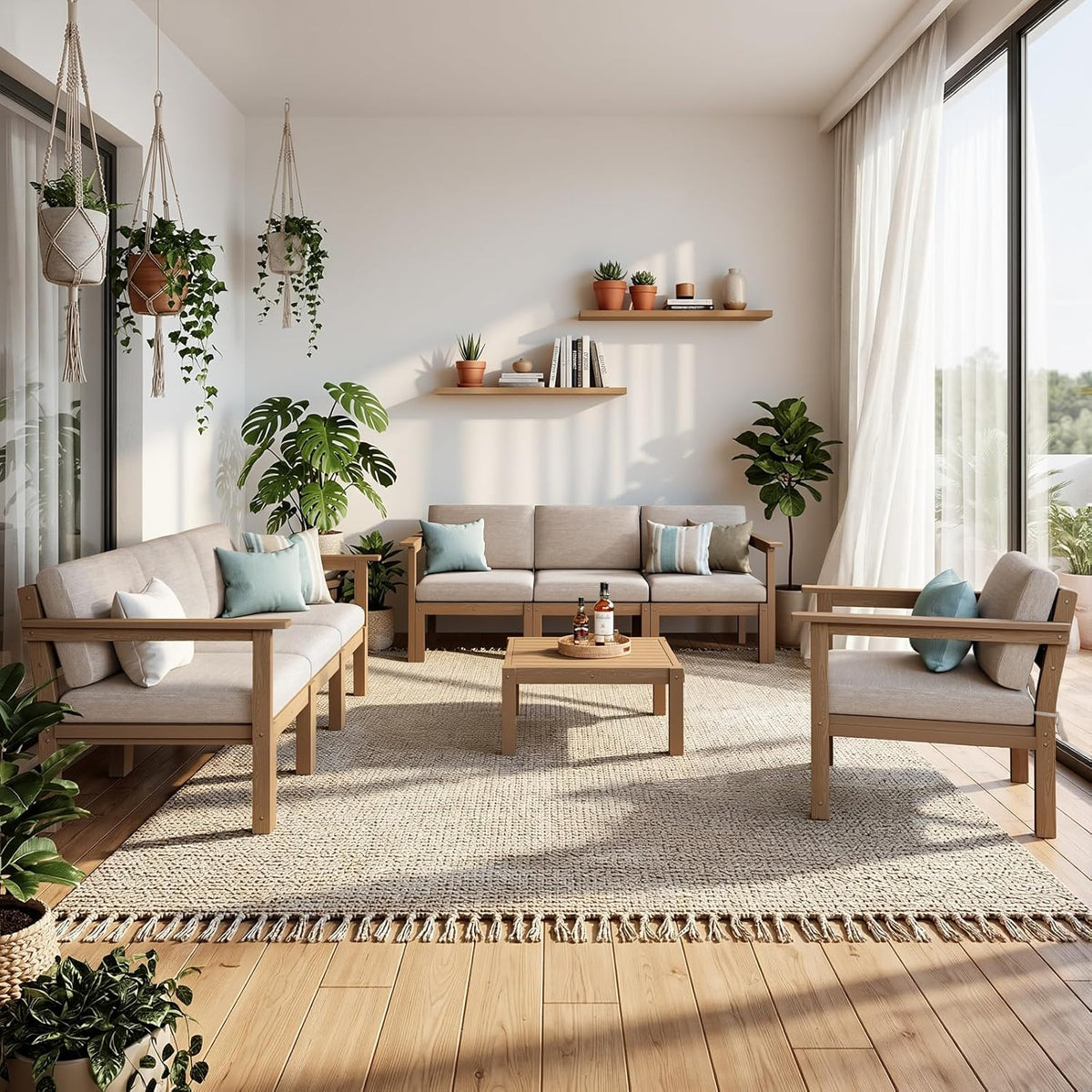 Stoog Patio Furniture Set, 6-Piece Modular Outdoor Sectional Sofa - Convertible Layout, Waterproof HIPS Frame & Quick-Dry Olefin Cushions, Teak