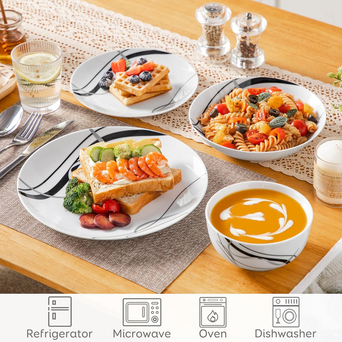 VEWEET Porcelain Dinnerware Sets for 6, 24 Pieces Plates and Bowls Set with Black and Grey Ribbon Lines, Dishes Set Dining Ware for Dinner, Microwave and Dishwasher Safe, Series FIONA