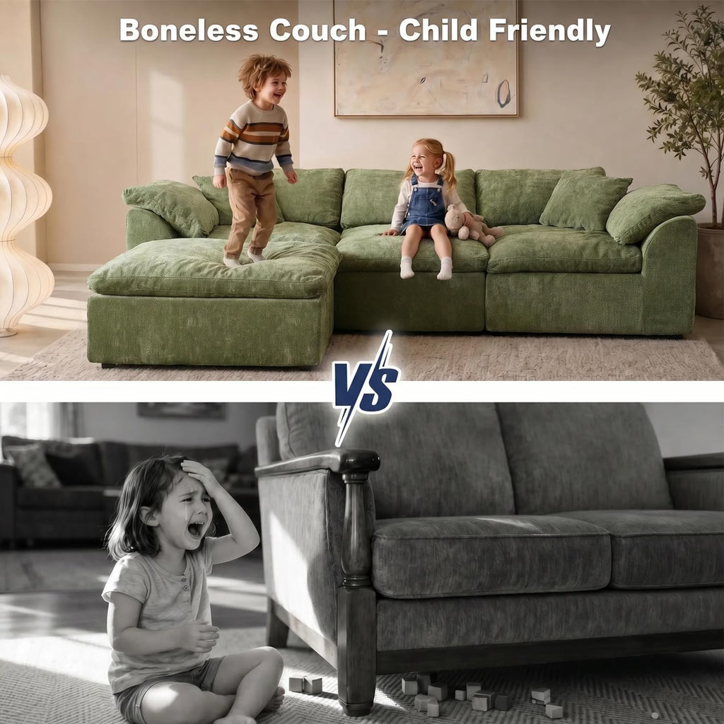 Oversized Cloud Couch Sectional Sofa for Living Room, Modular L Shaped Boneless Chenille Sofa with Chaise Lounge, Deep Seat Convertible Couch, Compressed No Assembly Floor Sofa(Green)