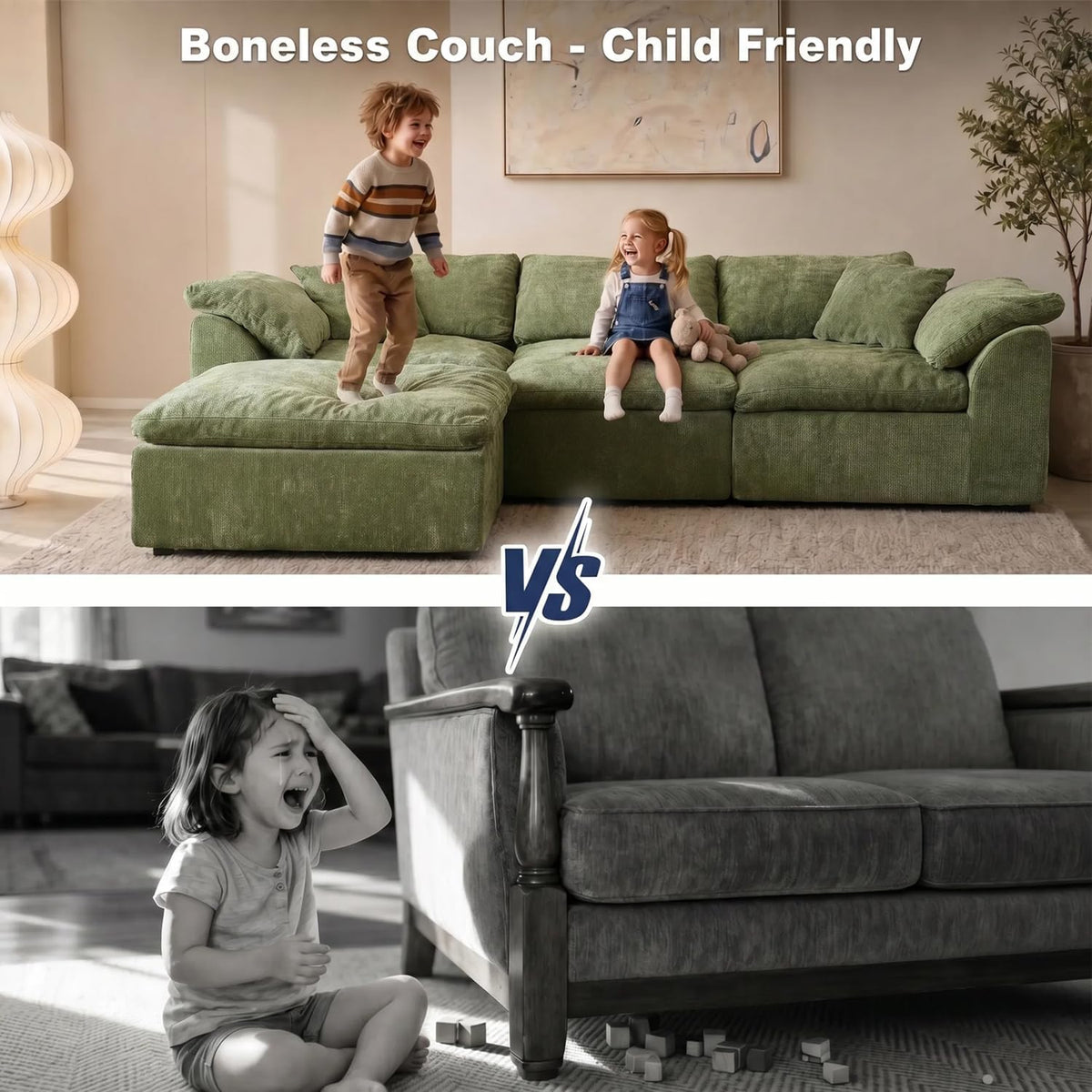 Oversized Cloud Couch Sectional Sofa for Living Room, Modular L Shaped Boneless Chenille Sofa with Chaise Lounge, Deep Seat Convertible Couch, Compressed No Assembly Floor Sofa(Green)