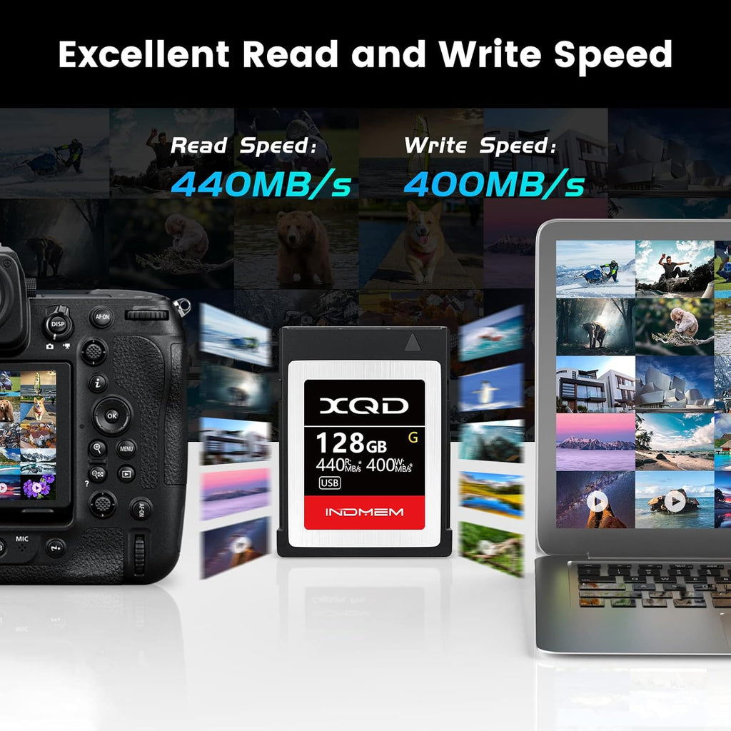 INDMEM XQD 128GB Memory Cards, 5X Tough MLC XQD Flash Memory Cards High Speed G Series| Max Read 440MB/s, Max Write 400MB/s