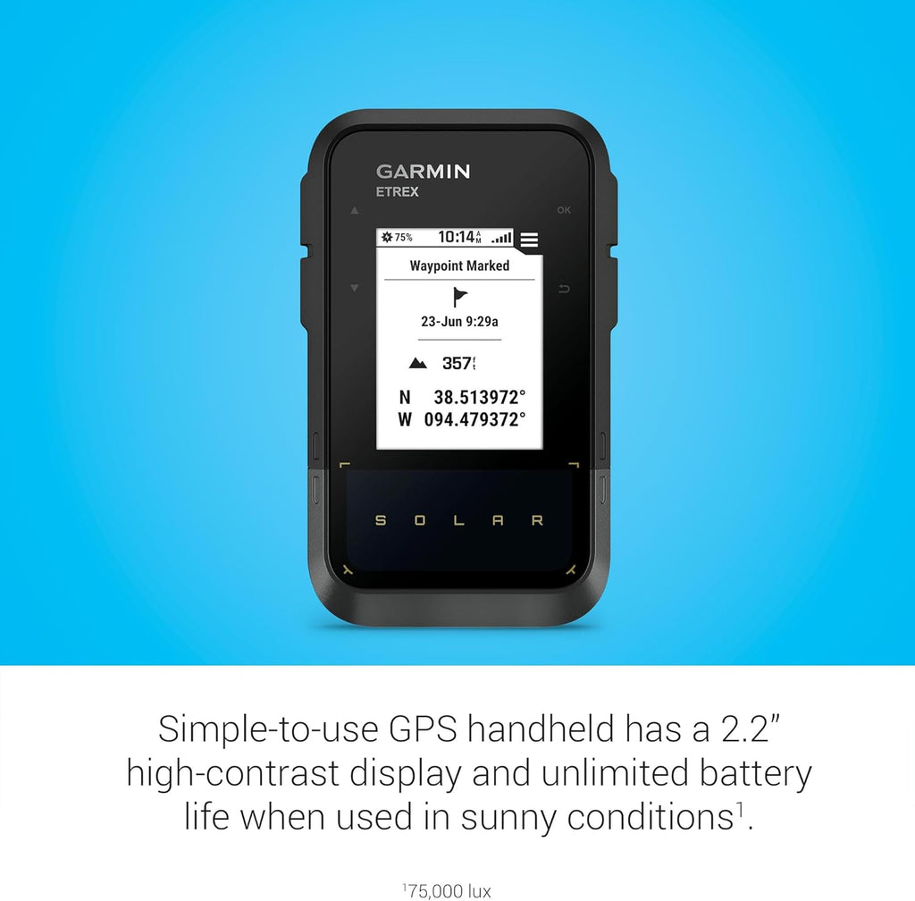 Garmin eTrex® Solar, GPS Handheld Navigator, Unlimited Battery Life, Water Resistant