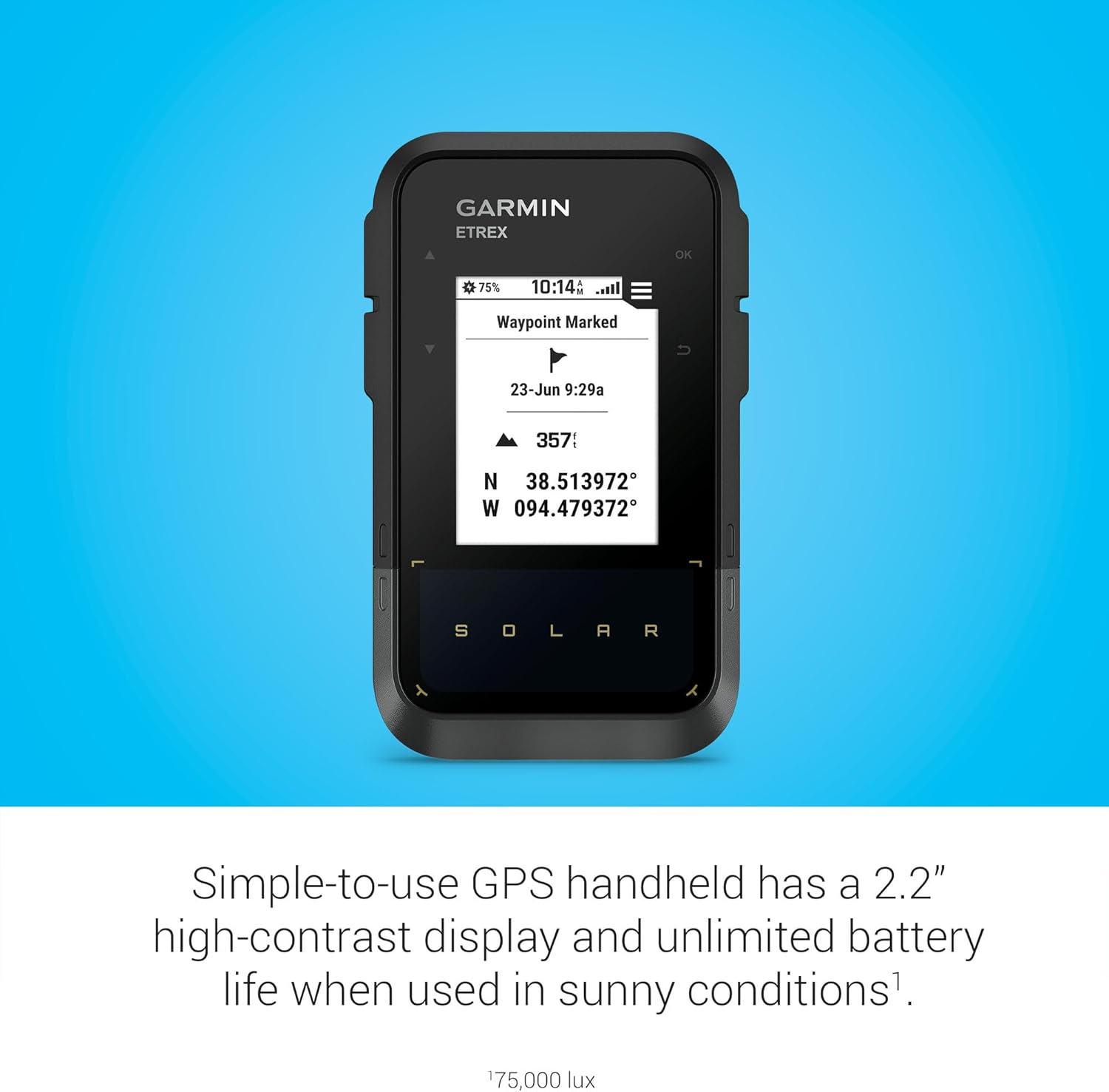 Garmin eTrex® Solar, GPS Handheld Navigator, Unlimited Battery Life, Water Resistant