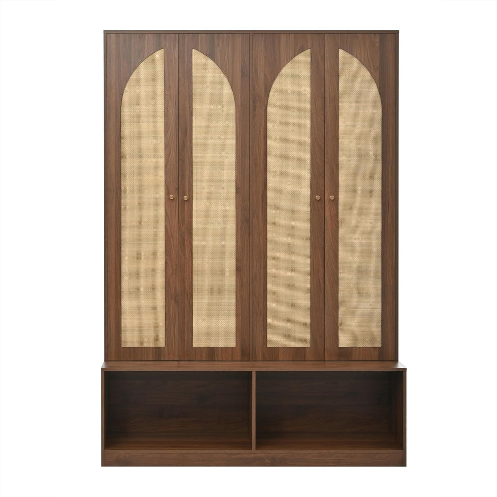 LUMISOL Wide Entryway Hall Tree with Storage Bench and 4 Rattan Doors, 78.7”H Farmhouse Entryway Coat Rack with 6 Hidden Hooks, 4-in-1 Mudroom Organizer with Adjustable Shelf, for Living Room, Walnut