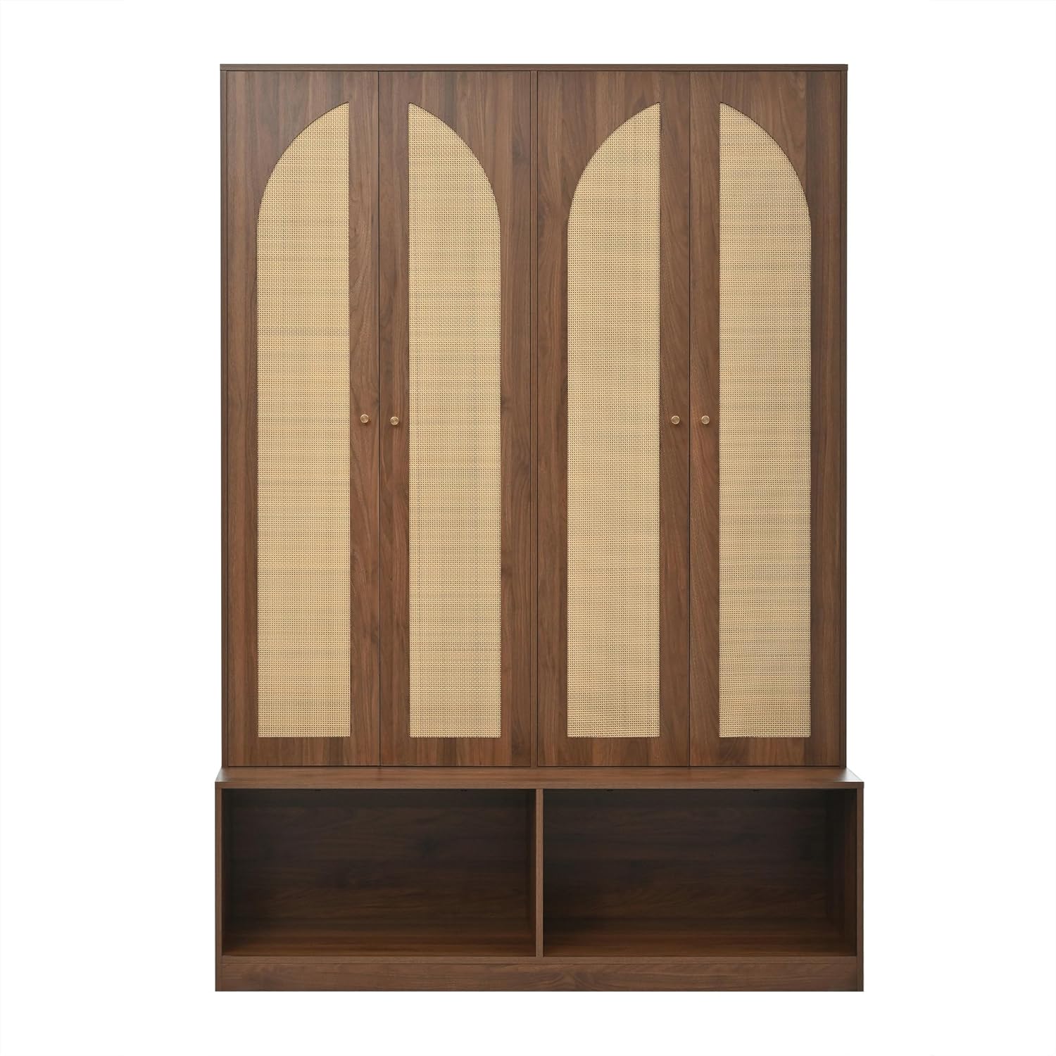 LUMISOL Wide Entryway Hall Tree with Storage Bench and 4 Rattan Doors, 78.7”H Farmhouse Entryway Coat Rack with 6 Hidden Hooks, 4-in-1 Mudroom Organizer with Adjustable Shelf, for Living Room, Walnut