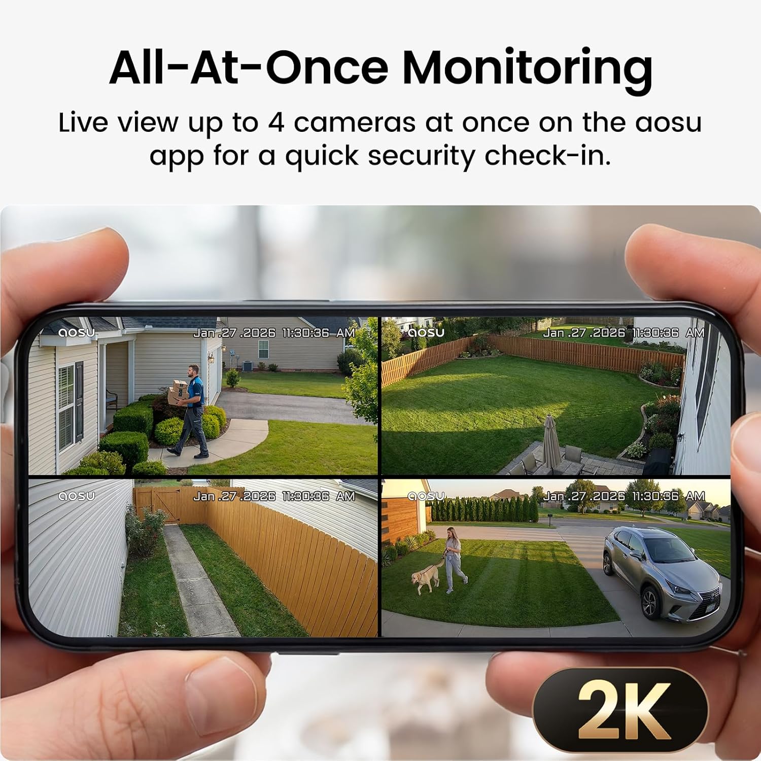 aosu Solar Security Cameras Wireless Outdoor Home System, True 2K HD, Cross-Camera Tracking, PIR + AI Human Detection, Color Night Vision, Local Storage, No Subscription Required, 4-Cam-Kit