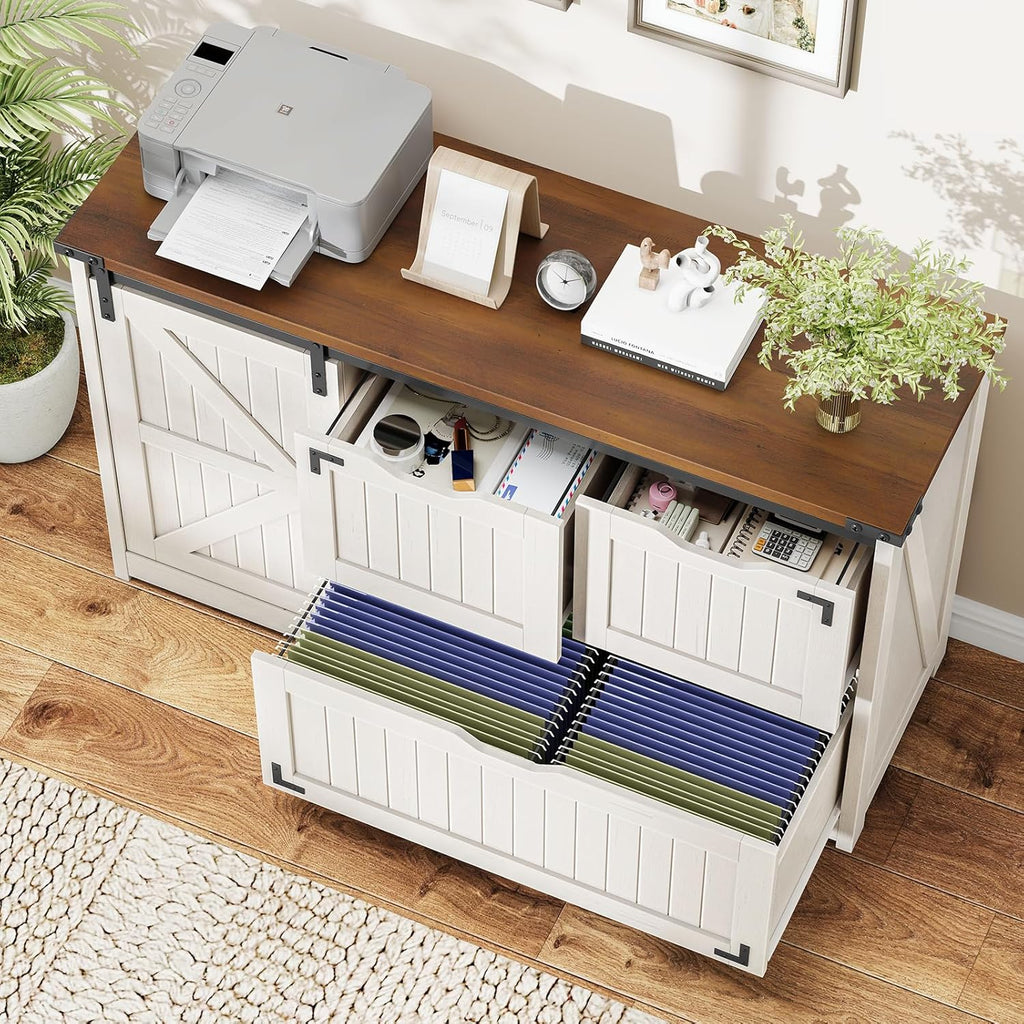 Halitaa 47.8” Farmhouse Lateral File Cabinet with Sliding Barn Door, 3 Drawers Filing Storage Cabinets with Adjustable Shelf, Office Printer Stand for Hanging Files Letter/Legal/A4/F4.Off White