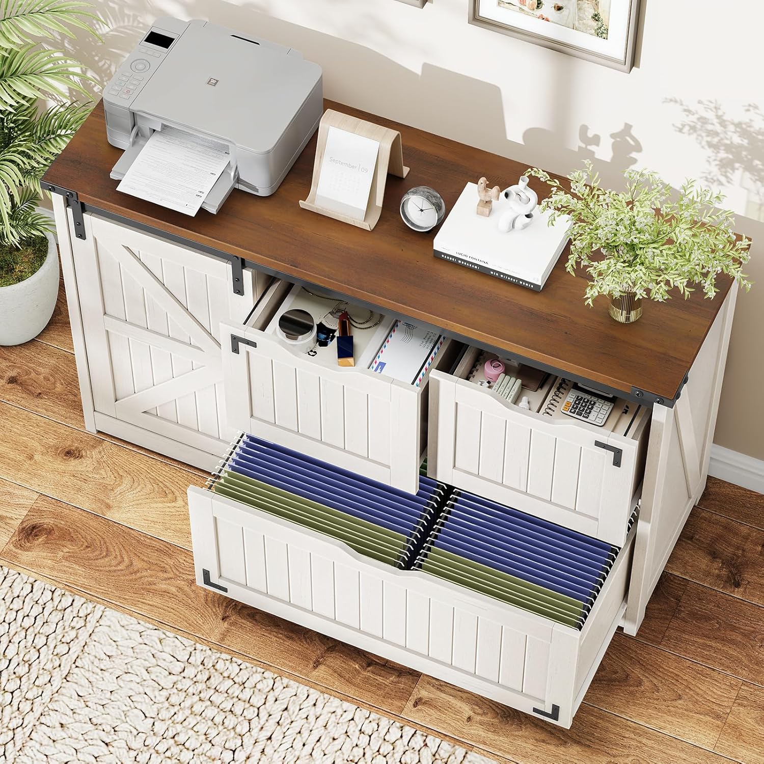 Halitaa 47.8” Farmhouse Lateral File Cabinet with Sliding Barn Door, 3 Drawers Filing Storage Cabinets with Adjustable Shelf, Office Printer Stand for Hanging Files Letter/Legal/A4/F4.Off White