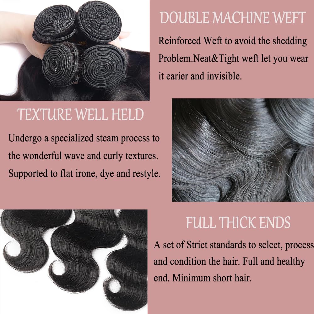 Katspon 12A Human Hair Bundles 20 22 24 26 Inch Body Wave 100% Unprocessed Brazilian Virgin Hair 4 Bundles Human Hair Extensions Quick Weave Natural Black