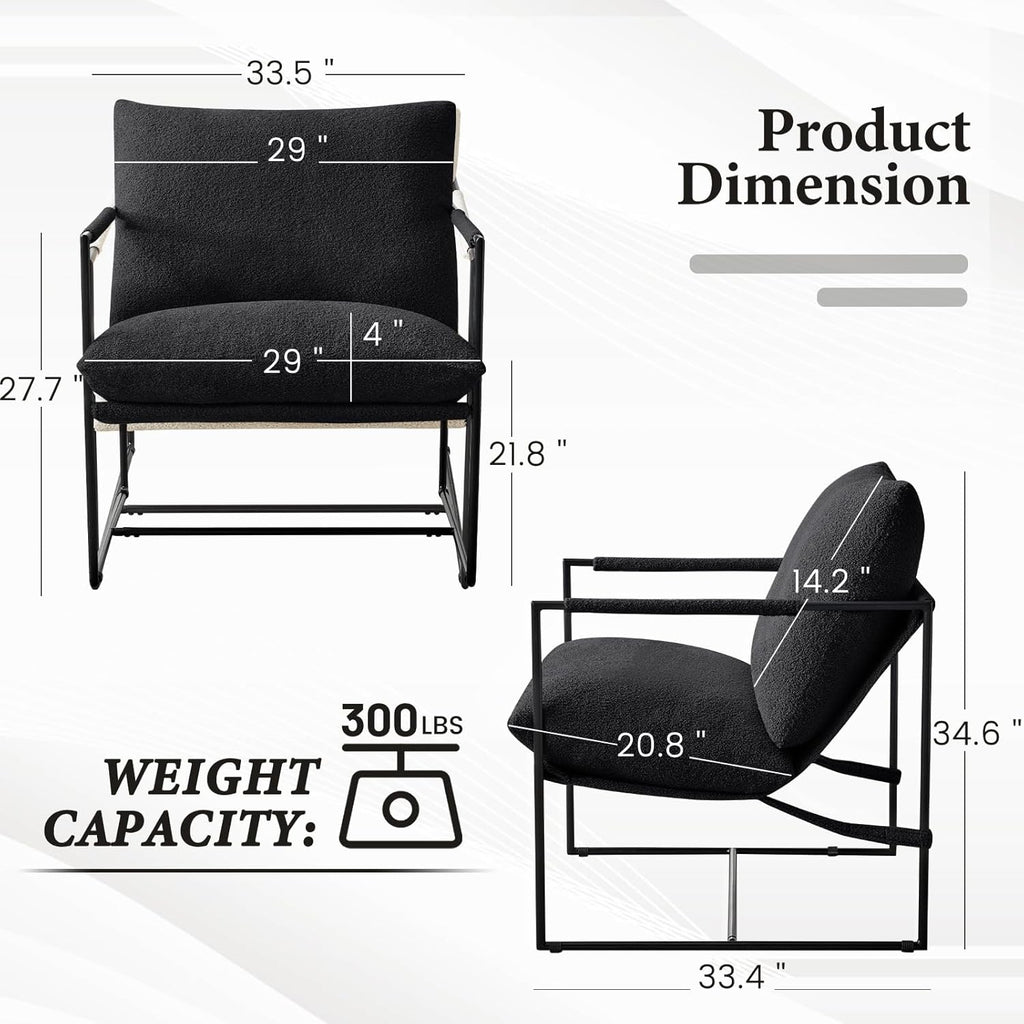 Furnilivng Large Sling Accent Chair, Comfortable Boucle Fabric Arm Chair, Upholstered Cozy Reading Chair for Living Room, Bedroom, Dressing Room, Home Office (Black, Set of 2)