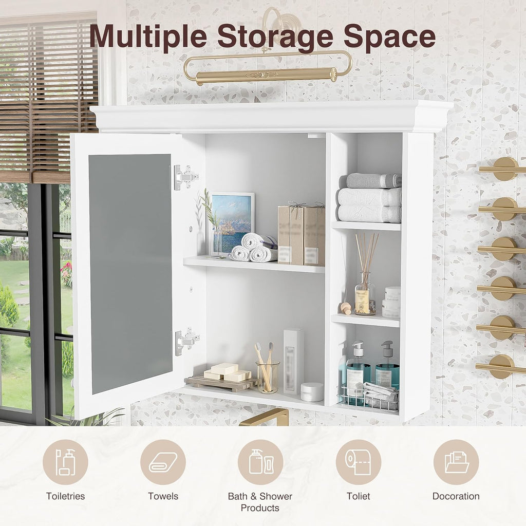 Merax Country Bathroom Medicine Cabinet with Mirror, Farmhouse Wall Mounted Medicine Cabinet with Door and Shelves, Over The Toilet Mirrored Bathroom Storage Wall Cabinet