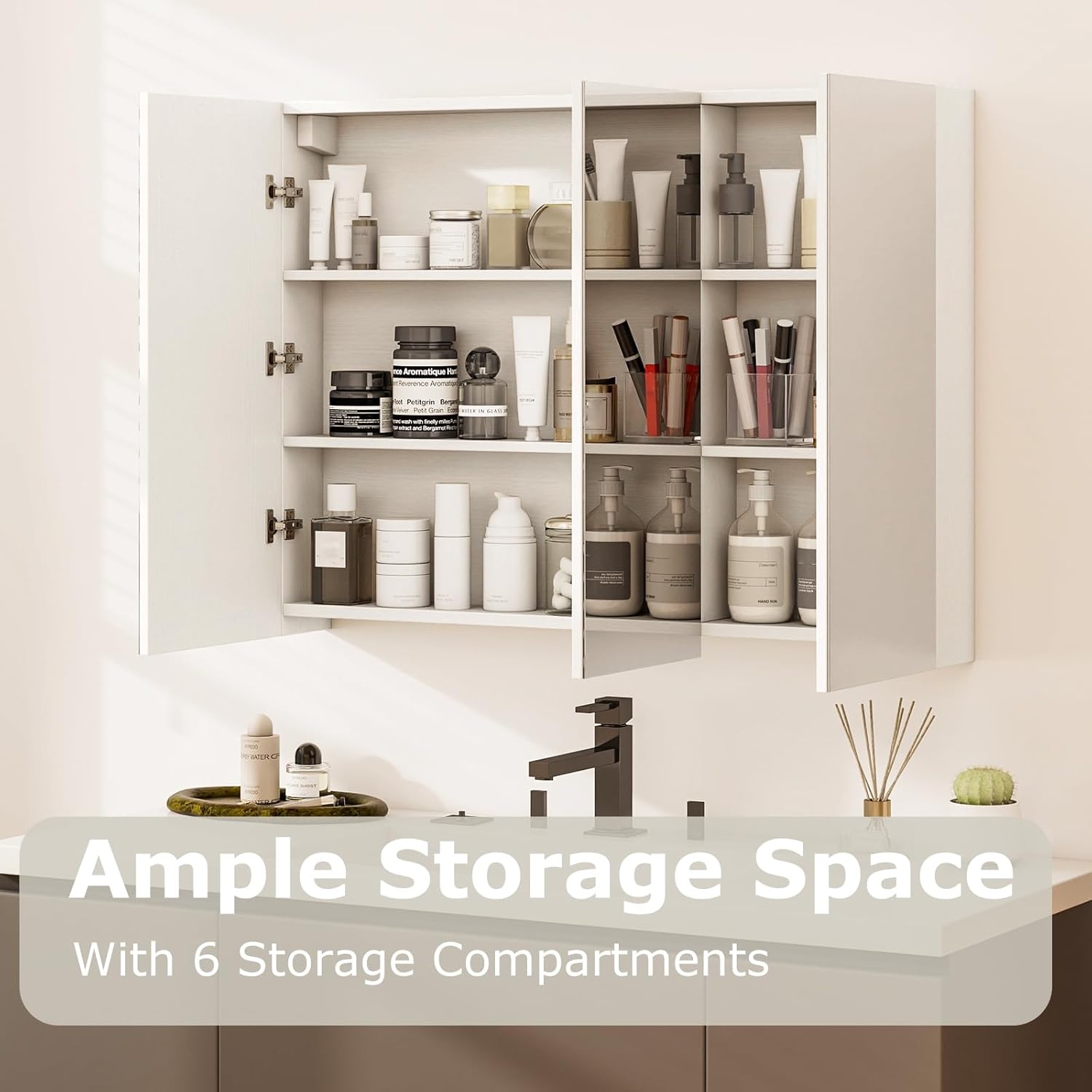 Tangkula Mirrored Medicine Cabinet, Large Wide Wall Mounted Storage Cabinet with 3 Mirror Doors, Hanging Bathroom Organizer, White, 34.5 x 5 x 25.5 Inches