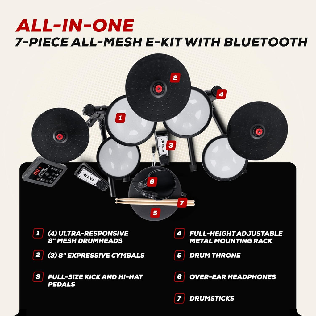 Alesis Turbo Max Electric Drum Set with Quiet 8" Mesh Pads, Lessons, Bluetooth and Accessories, Foldable