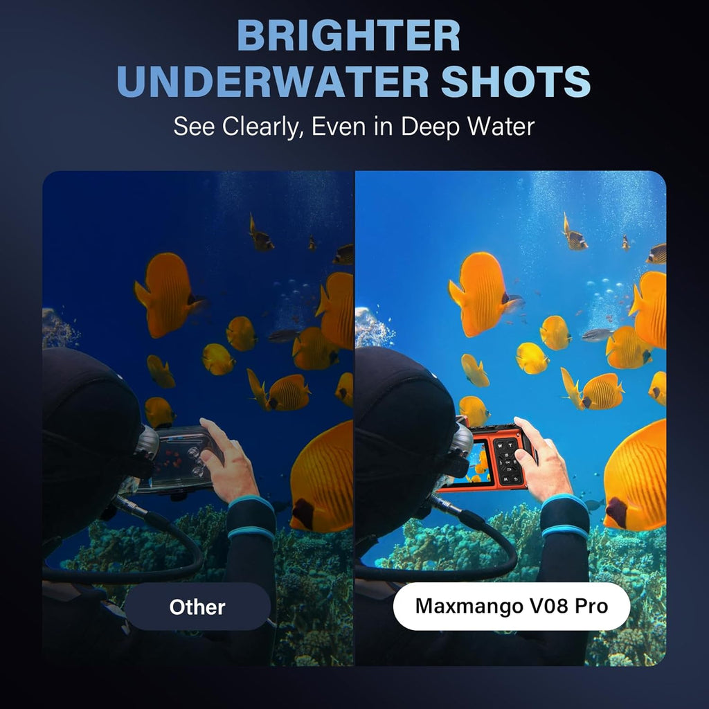 Maxmango V08 Pro 49FT Underwater Camera - 8K 90MP WiFi Waterproof Digital Camera with Touchscreen, Dustproof Shockproof Rugged Camera for Snorkeling, 64GB Point and Shoot Digital Digital Cam - Orange