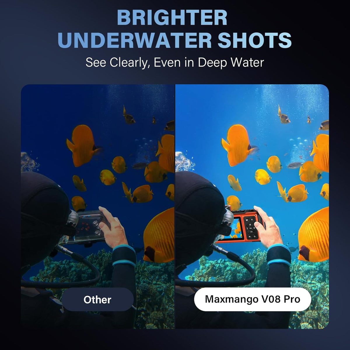 Maxmango V08 Pro 49FT Underwater Camera - 8K 90MP WiFi Waterproof Digital Camera with Touchscreen, Dustproof Shockproof Rugged Camera for Snorkeling, 64GB Point and Shoot Digital Digital Cam - Orange