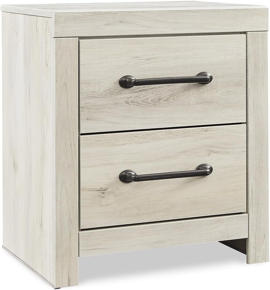 Signature Design by Ashley Cambeck Farmhouse Industrial 2 Drawer Two Drawer Nightstand with 2 Slim-Profile USB Charging Stations, 24.37" Tall, Whitewash