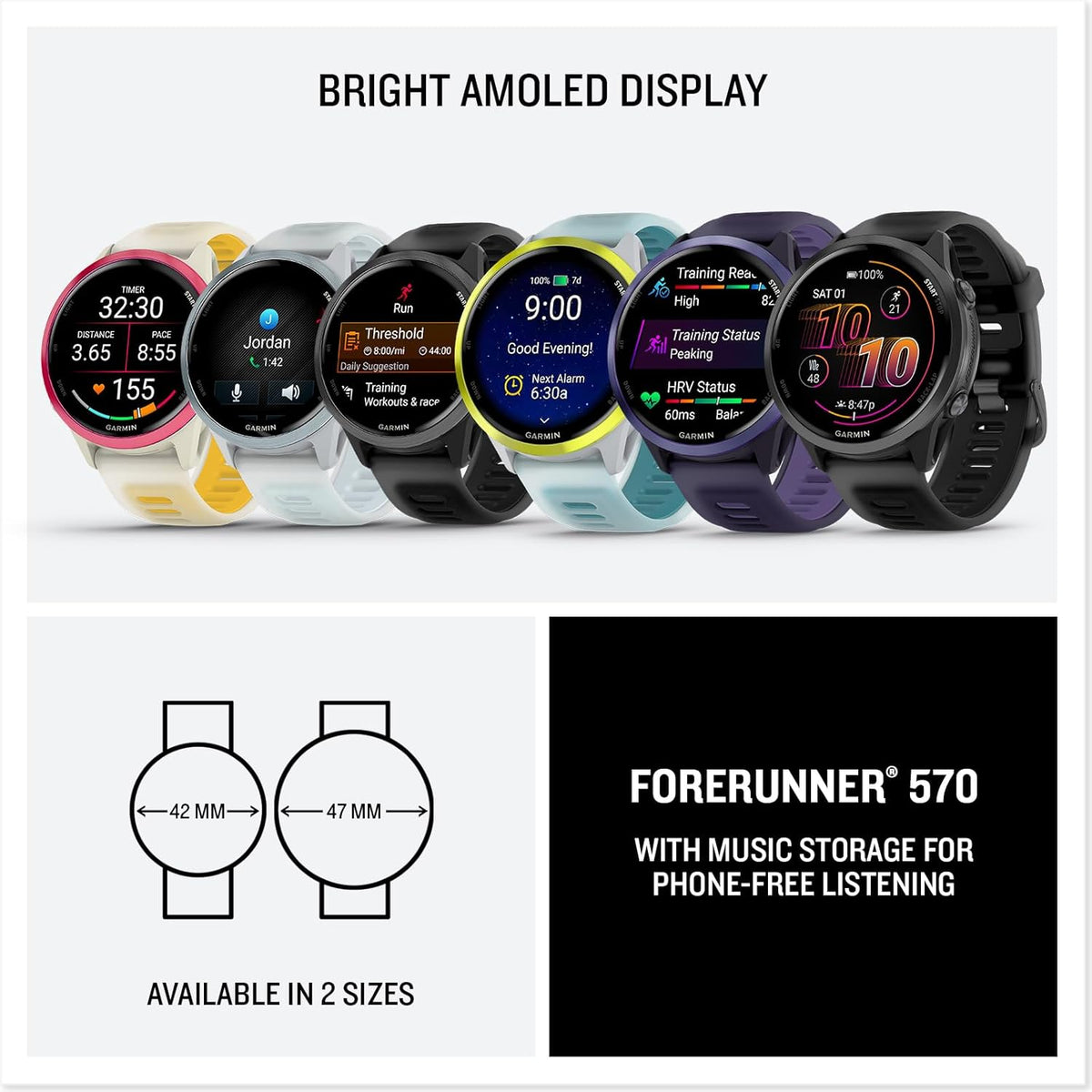 Garmin® Forerunner® 570, 47mm, Advanced GPS Running and Triathlon Smartwatch, AMOLED Display, Training and Recovery Features, Amp Yellow Aluminum with Translucent Whitestone/Turquoise Band