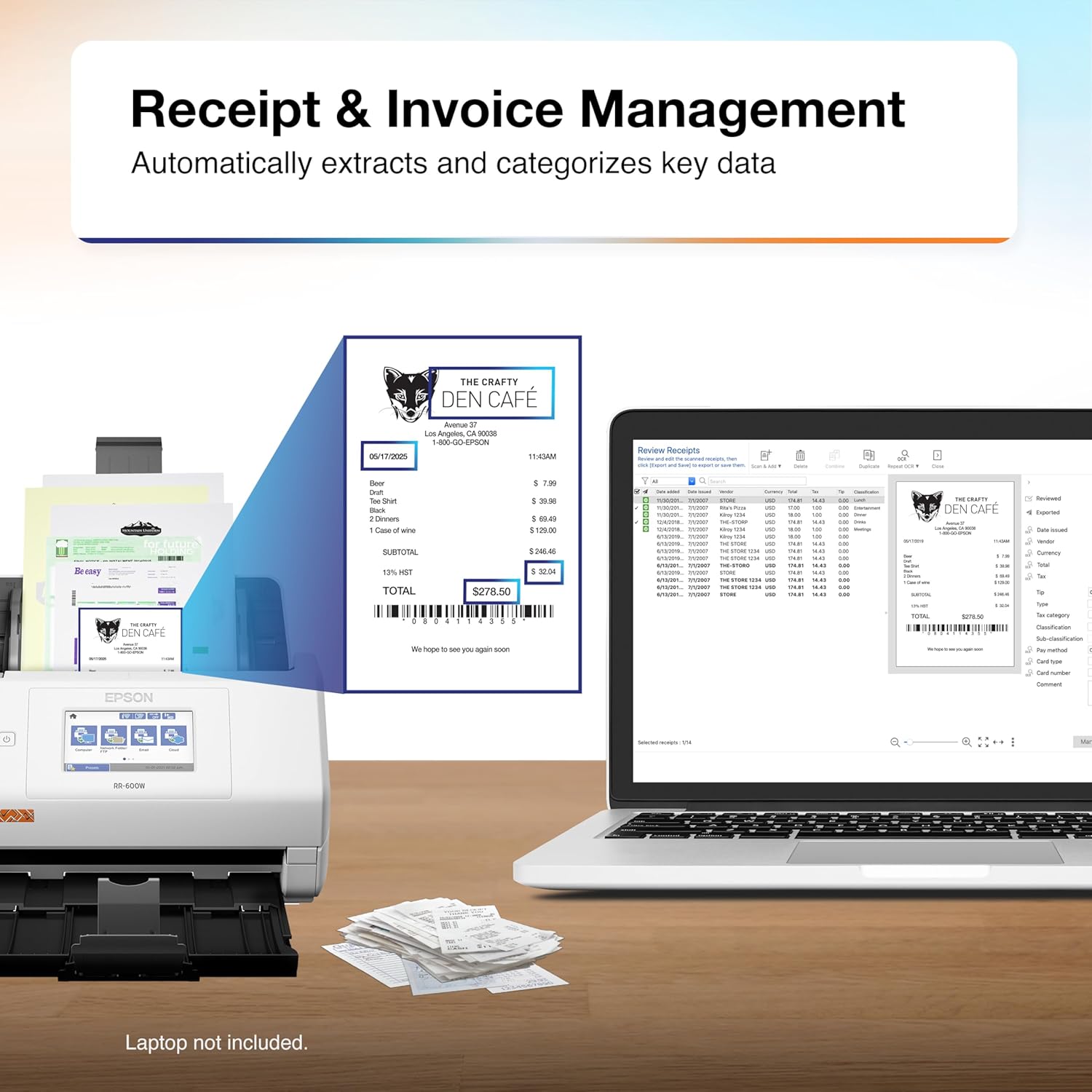 Epson RapidReceipt RR-600W Wireless Desktop Color 2-Sided Document & Tax Receipt Scanner with ScanSmart AI PRO Data Management Software for PC & Mac Touchscreen & 100-Page Auto Document Feeder, White