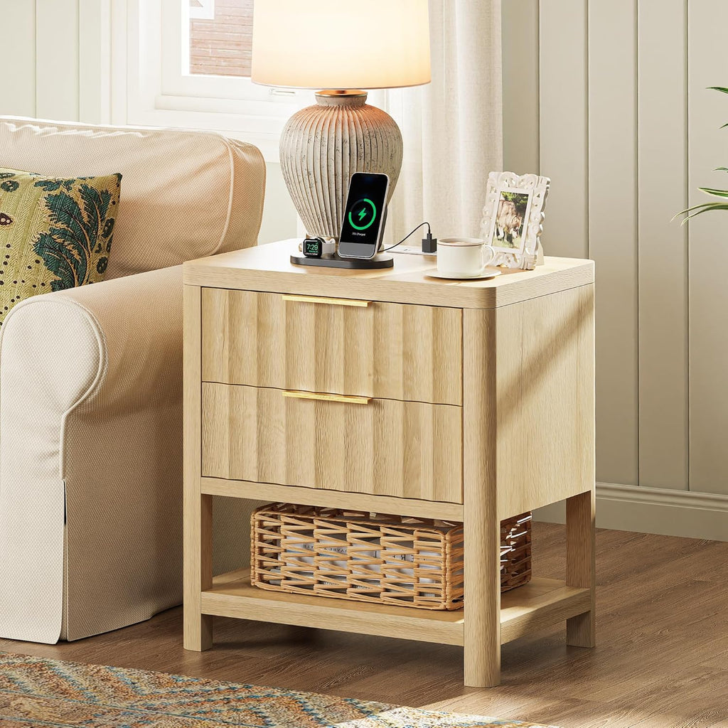 Huuger 27.6 Inch Tall Night Stands with Charger Station, USB-C Port, Fluted Nightstand Set of 2, Larger Wider Bed Side Table with 2 Deep Drawers, Open Shelf, Bedroom Living Room End Table, Natural