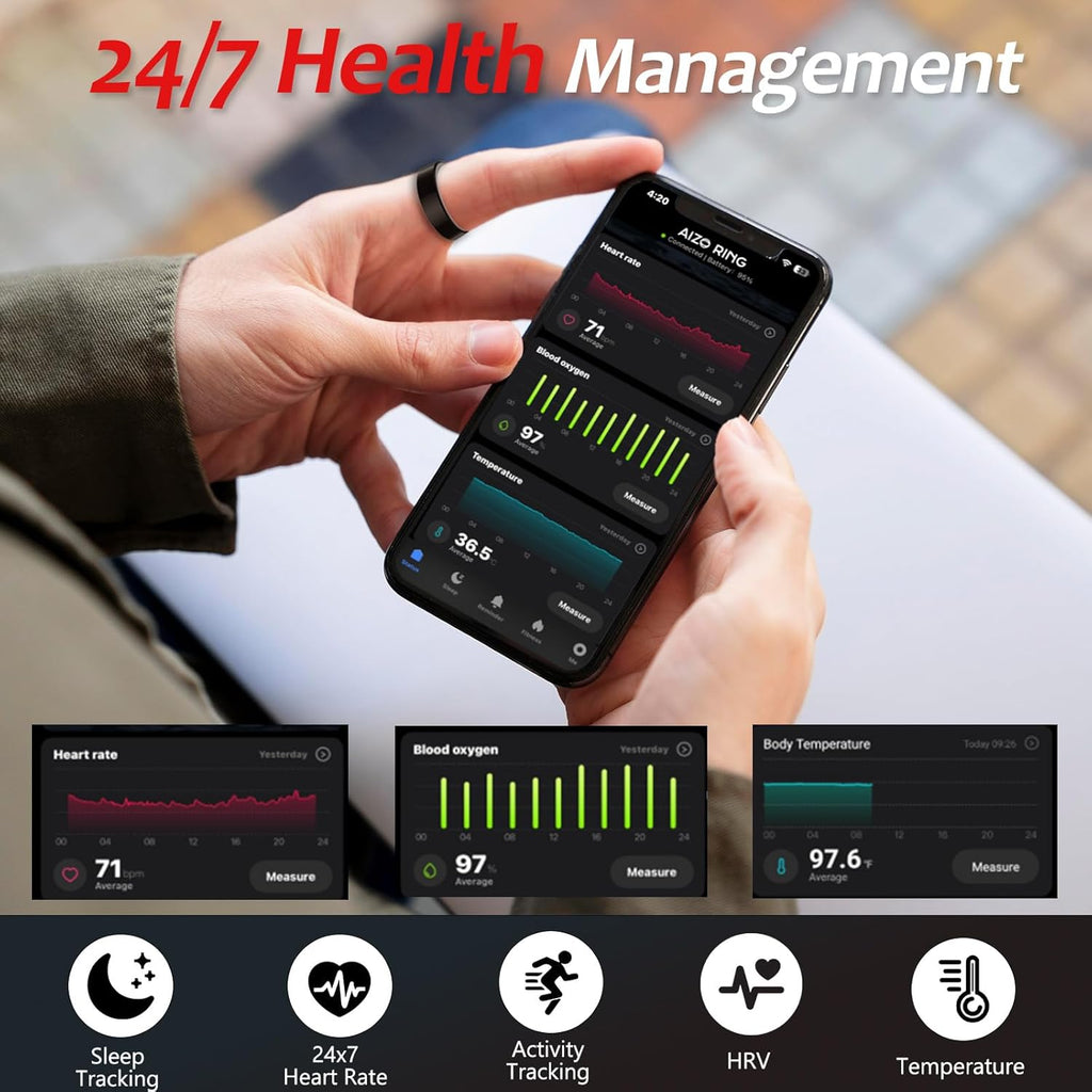Smart Ring for Men/Women – Vibration Alerts, Ceramic & 316L Steel Sleep/Heart/SpO2/Activity Tracker, No Subscription, IP68 Waterproof, Touch Control, iOS/Android(Black, 8)