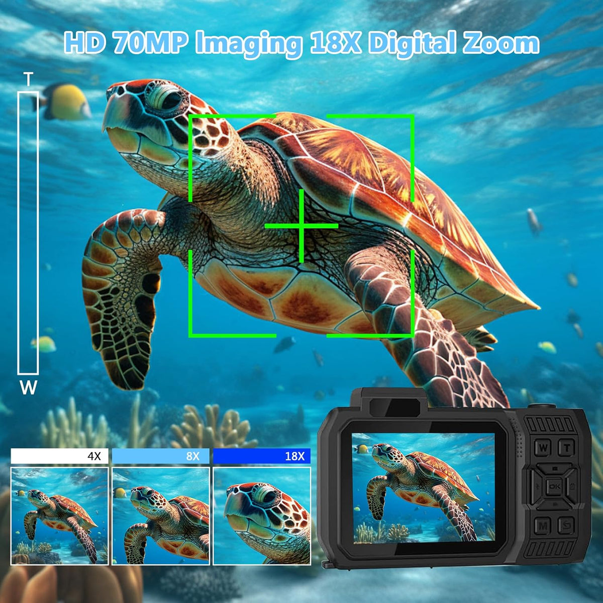 8K Underwater Camera 33FT Waterproof Camera with 64GB Card 70MP 18X Zoom Waterproof Digital Camera Auto Focus Dual-Screen Selfie 2500mAh Battery Dustproof Shockproof