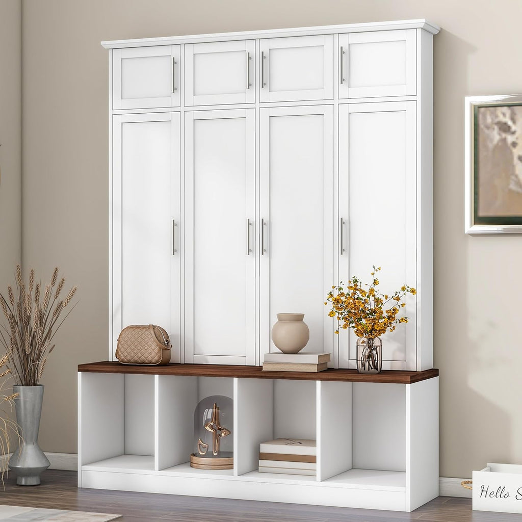 LUMISOL Wide Hall Tree with Storage Bench, Entryway Coat Rack with Open Compartments and 4 Hidden Hanging Hooks, Mudroom Entryway Bench with Shoe Storage, White