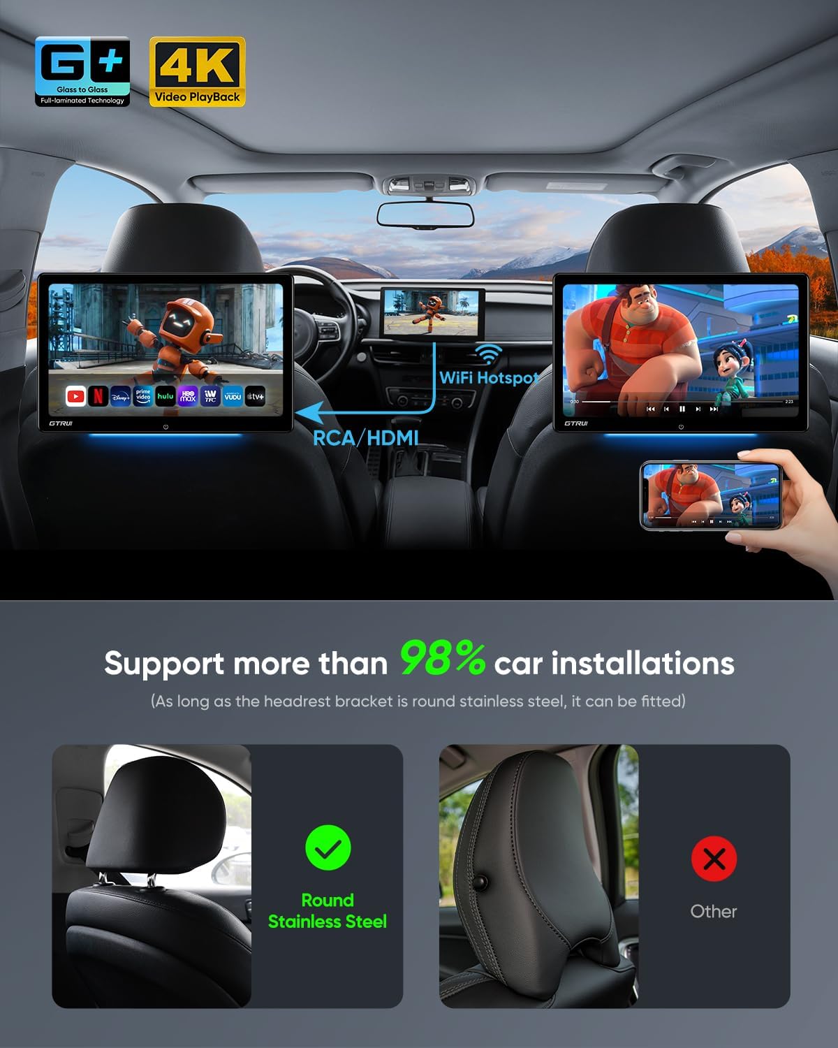 14-Inch 4K Video Android Car TV Headrest Monitor Tablet for Back Seat with WiFi Bluetooth, Glass to Glass IPS Touch Screens Portable Medias Player, Support Phone Control & Mirror Link