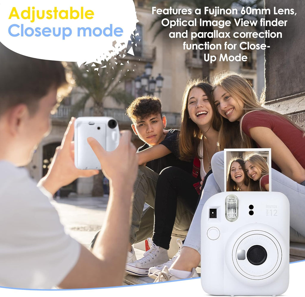 Fujifilm Instax Mini 12 Instant Camera Clay White and Fuji Film Value Pack (60 Sheets) Bundle with Sturdy Tiger Accessories, Carrying Case, Photo Album 64 Pockets