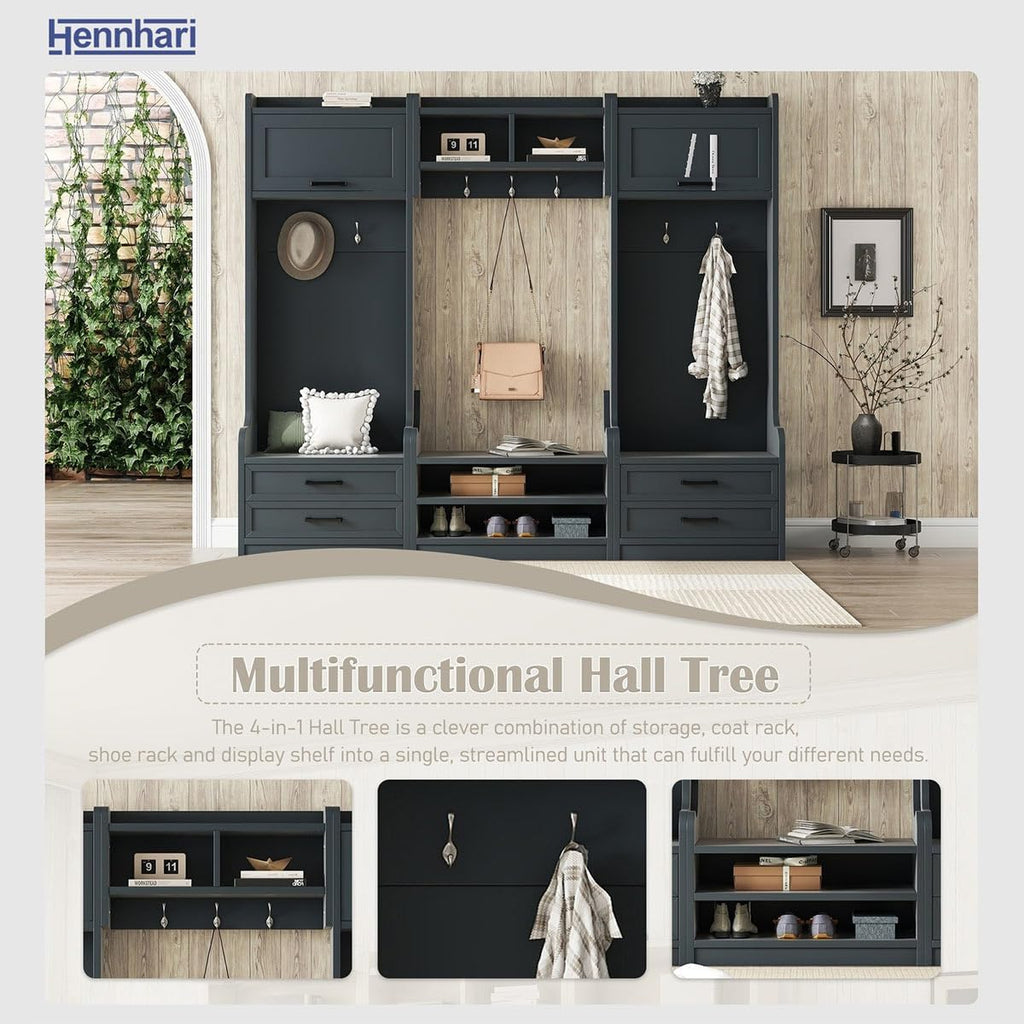 4-in-1 Entryway Hall Tree with Open Shelves and Shoe Storage Bench, Mudroom Detachable Coat Rack with Drawers and Hooks, Entryway Storage Cabinet for Hallway, Foyer (AntiqueBlue)