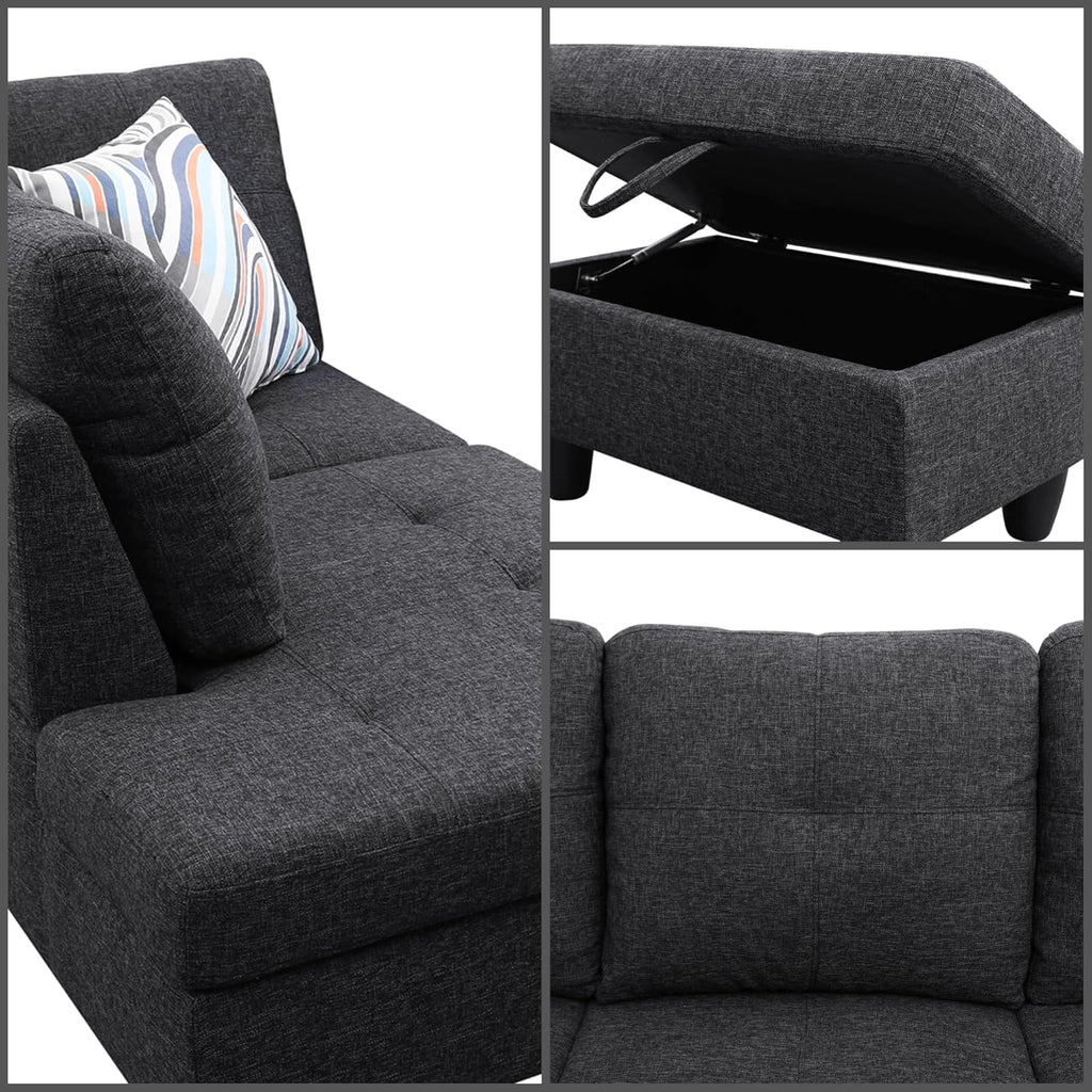 L Shaped Couch Sectional Couches with Chaise and Storage Ottoman, 3 Pieces Modular Convertible Sofa for Living Room Furniture Sets and Small Apartment, Black Grey