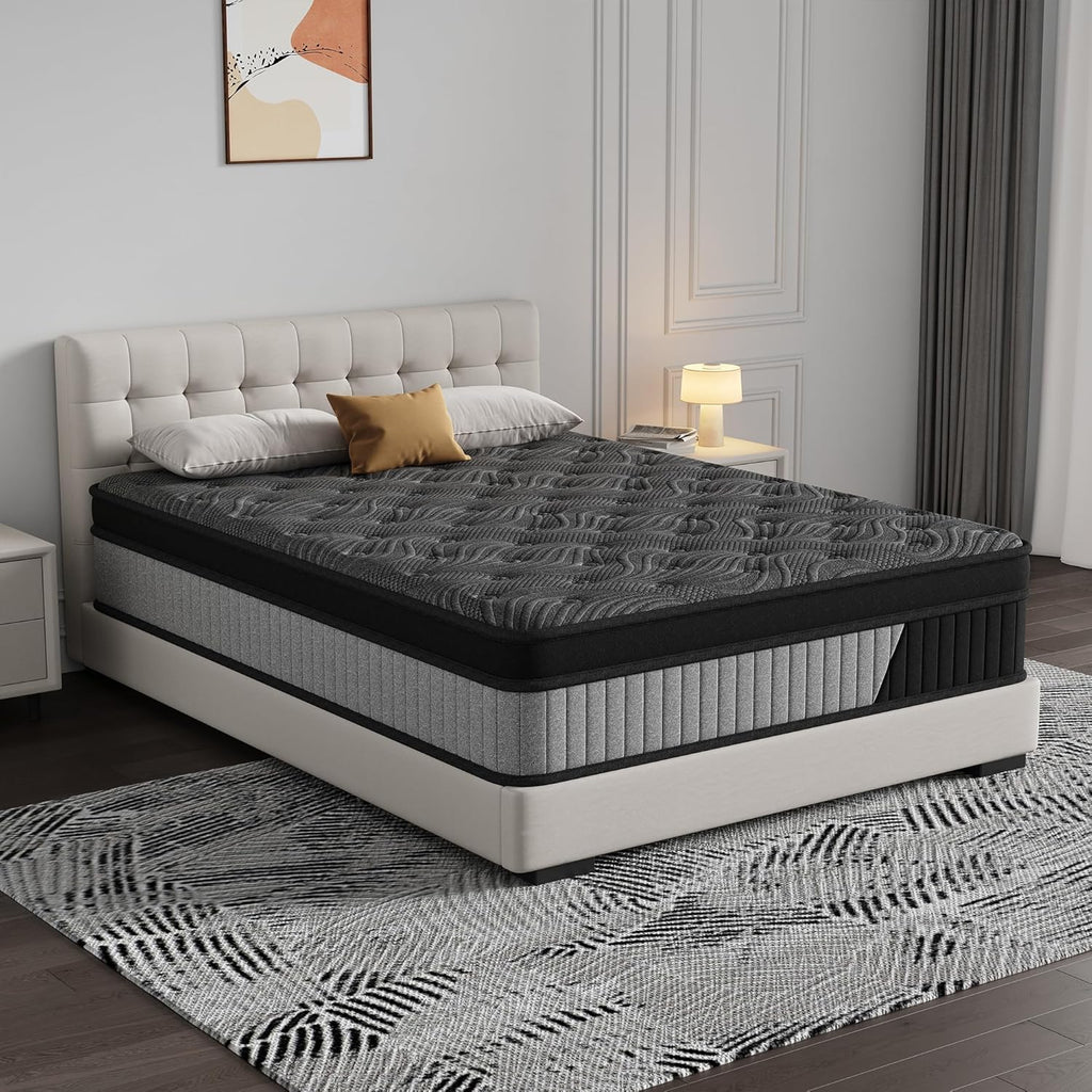 Queen Size 14 Inch Hybrid Mattress in a Box, Medium Firm Black and Gray Fabric Cover with Pocket Spring and Memory Foam - Breathable Supportive Cool Sleep for Back Side Stomach Sleepers