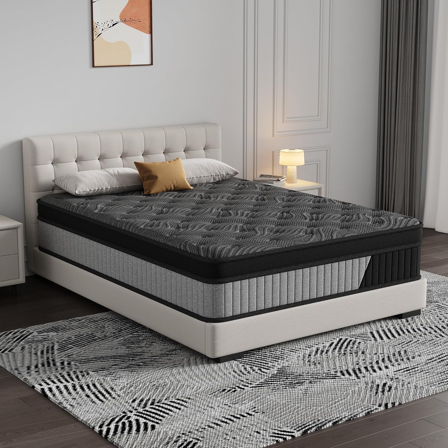 Queen Size 14 Inch Hybrid Mattress in a Box, Medium Firm Black and Gray Fabric Cover with Pocket Spring and Memory Foam - Breathable Supportive Cool Sleep for Back Side Stomach Sleepers