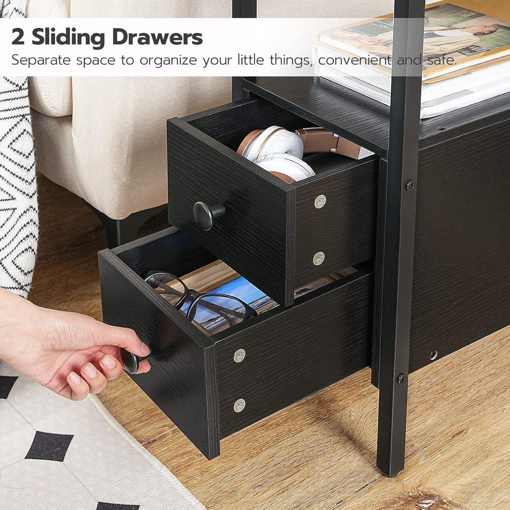 HOOBRO Set of 2 End Tables with Charging Station, Narrow Side Table with Drawers & USB Port & Power Outlets, Nightstand for Small Spaces, Living Room, Stable and Sturdy, Black BK541BZP201