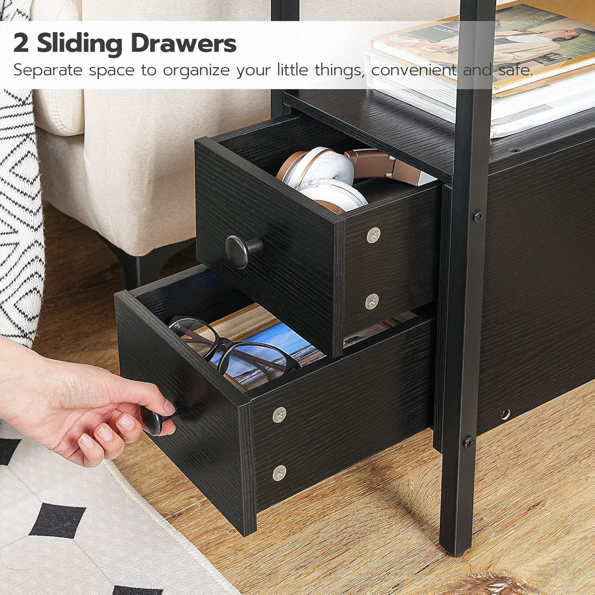 HOOBRO Set of 2 End Tables with Charging Station, Narrow Side Table with Drawers & USB Port & Power Outlets, Nightstand for Small Spaces, Living Room, Stable and Sturdy, Black BK541BZP201