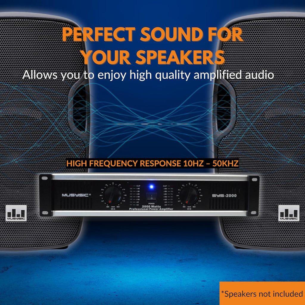 MUSYSIC Professional Power Amplifier 2 Channel 2000W - Home Audio Component Amplifiers for DJ, PA System, Speakers - high Quality Stereo Amp with Digital Audio Processing - Stereo XLR & 1/4" Inputs