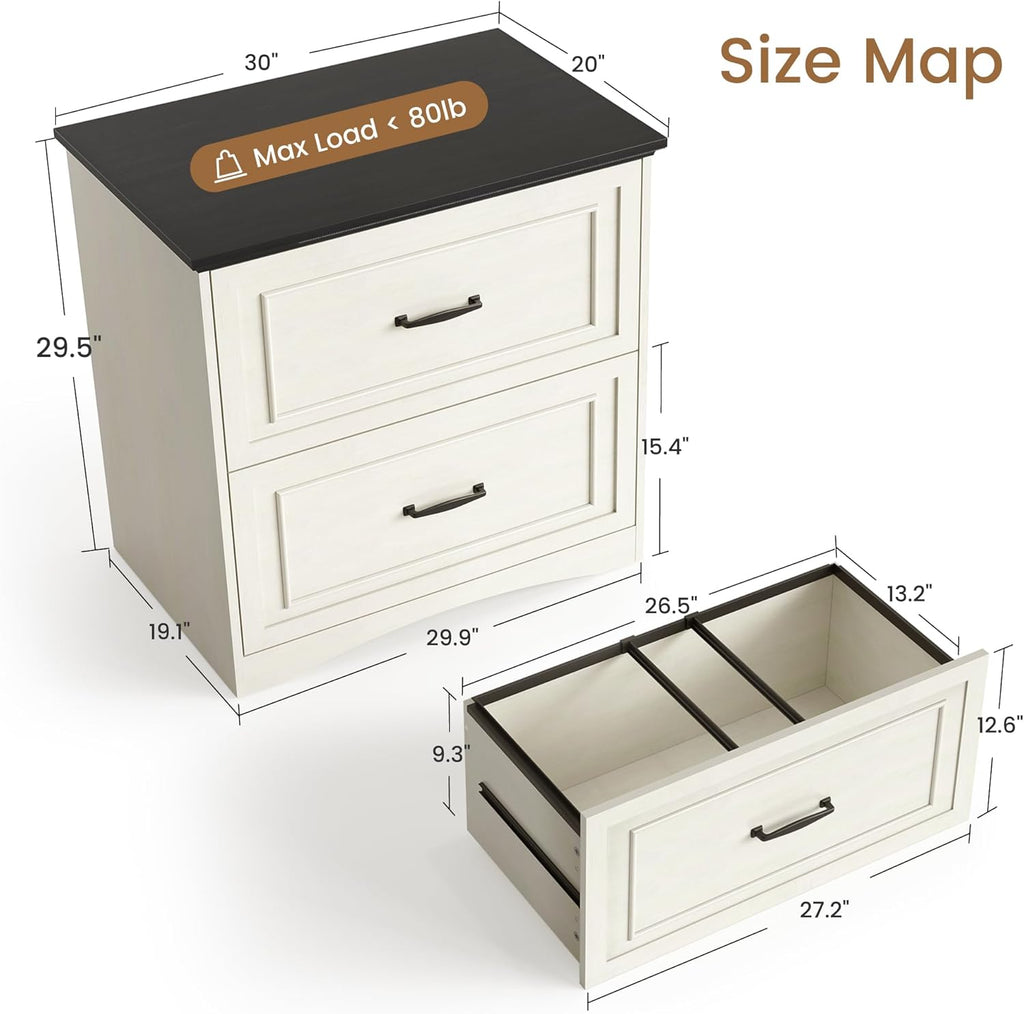 CubiCubi Farmhouse File Cabinet, 30" Lateral Filing Cabinet with 2 Drawers and Hanging Rods, Storage Wood Cabinet for Home Office, Living Room, Bedroom, Antique White