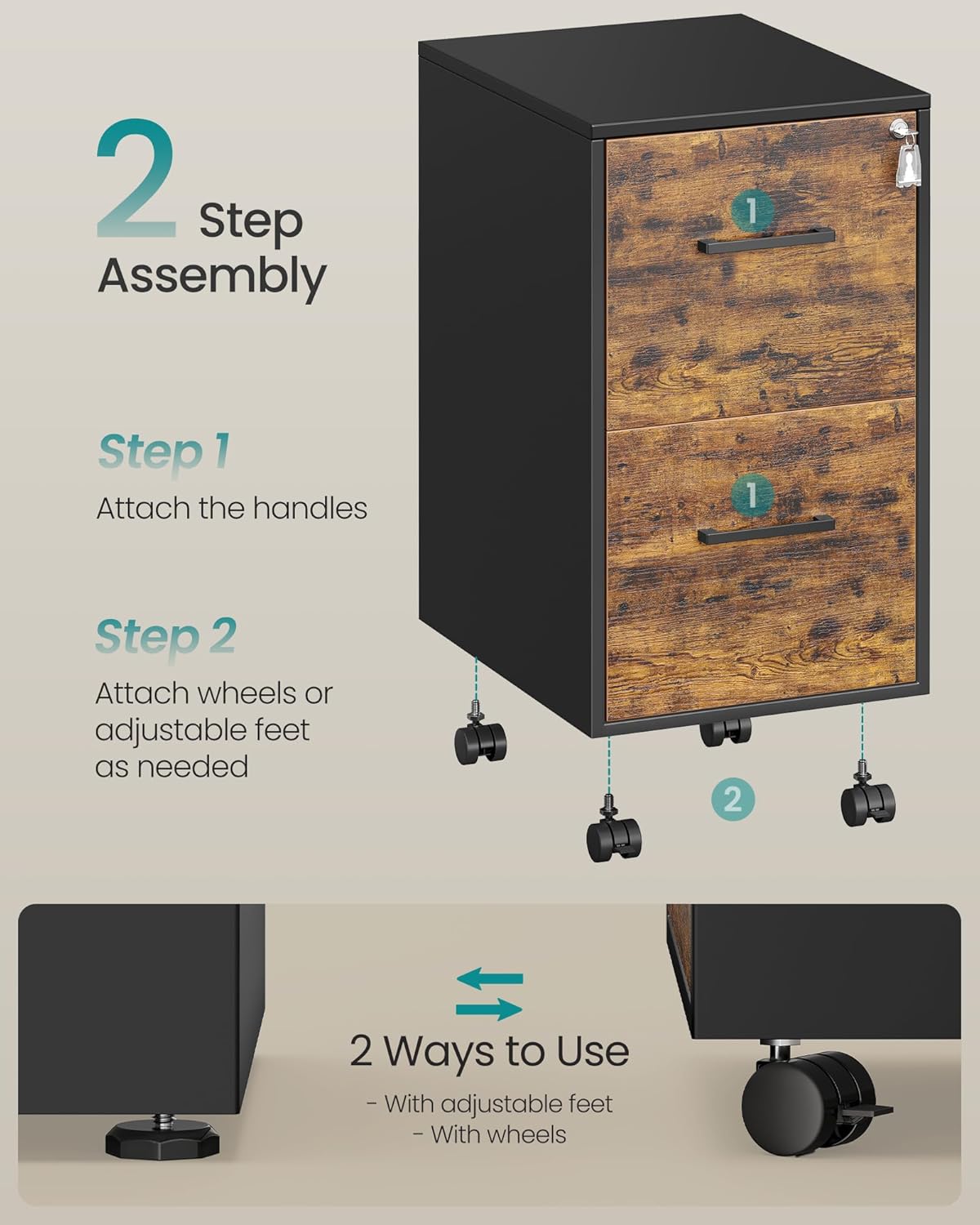 SONGMICS File Cabinet, Pre-Assembled Except Wheels and Handles, Office Filing Cabinet with Lock, for A4, Legal, Letter Sized Documents, 17.7 x 14.4 x 25.4 Inches, Rustic Brown and Black UOFC112B02