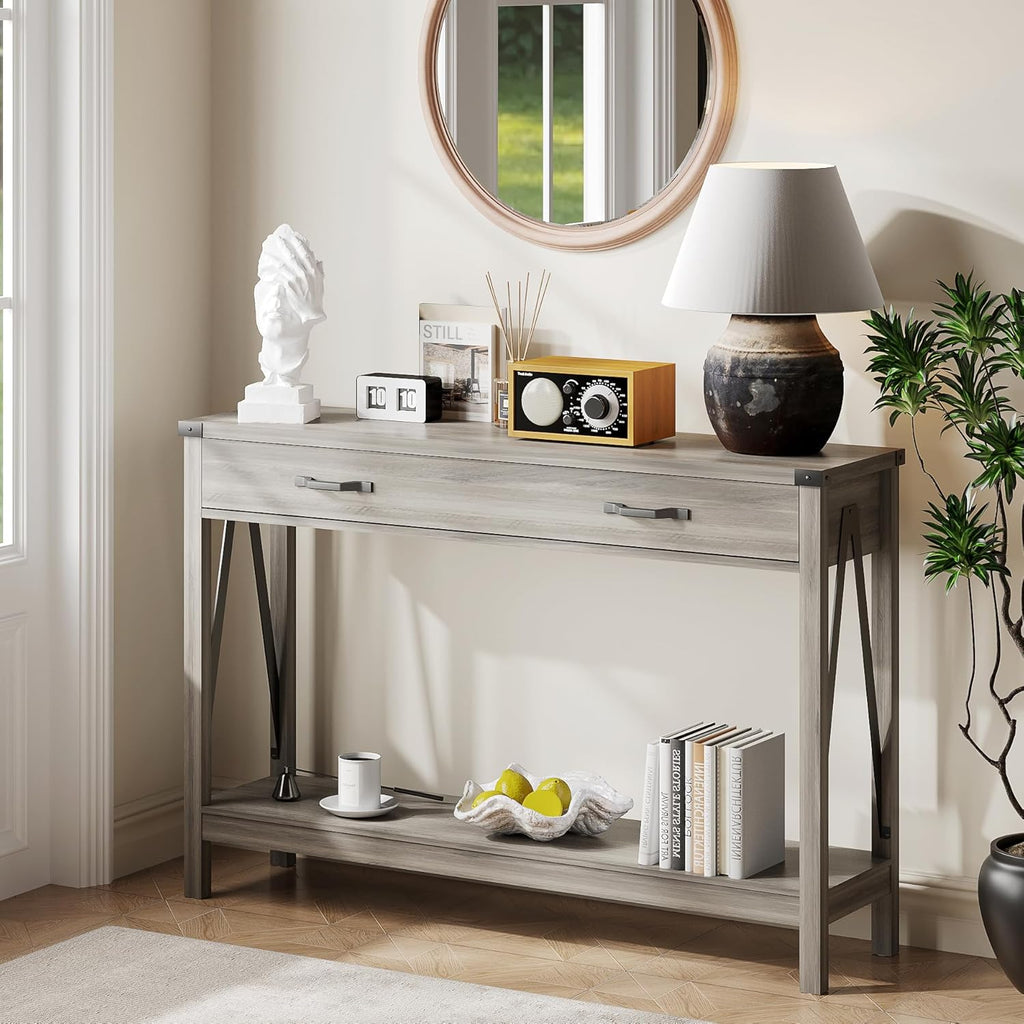 ChooChoo 47'' Farmhouse Console Table with Drawer, Entryway Table with Storage Shelf, Rustic A-Design Sofa Table for Hallway, Entrance, Living Room, Grey