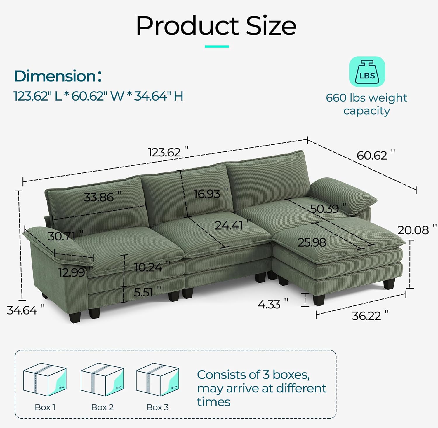 LINSY HOME 123" Modular L-Shaped Sectional Sofa, 3-Seat Corduroy Modern Cloud Couch with Deep Seat & 1 Movable Ottoman, Perfect for Living Room, Office, Bedroom, Green