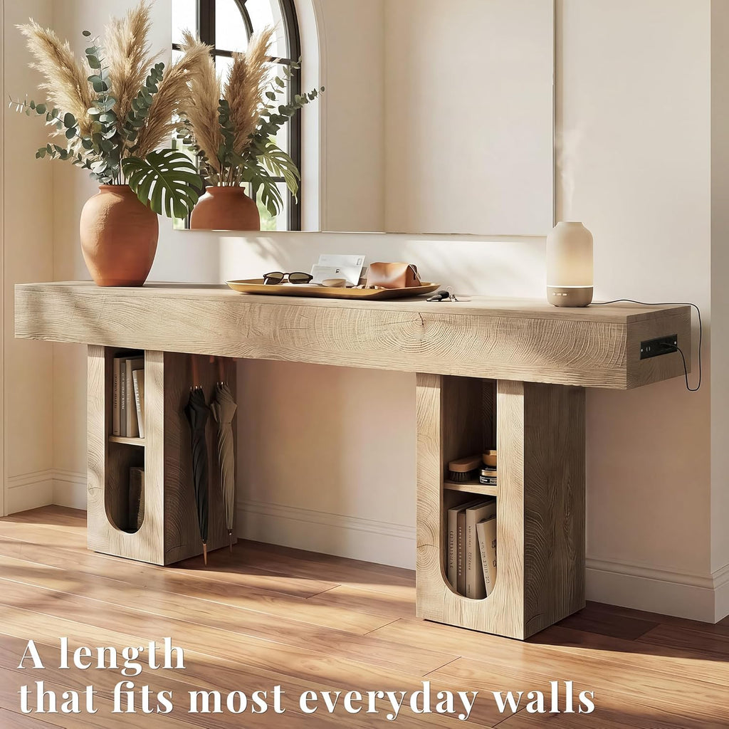 63 Inch Long Console Table with Outlet, Entryway Table with Storage Shelves, Thick Heavy Duty High Density MDF Farmhouse Sofa Table for Hallway Behind Couch,Living Room（Natural）
