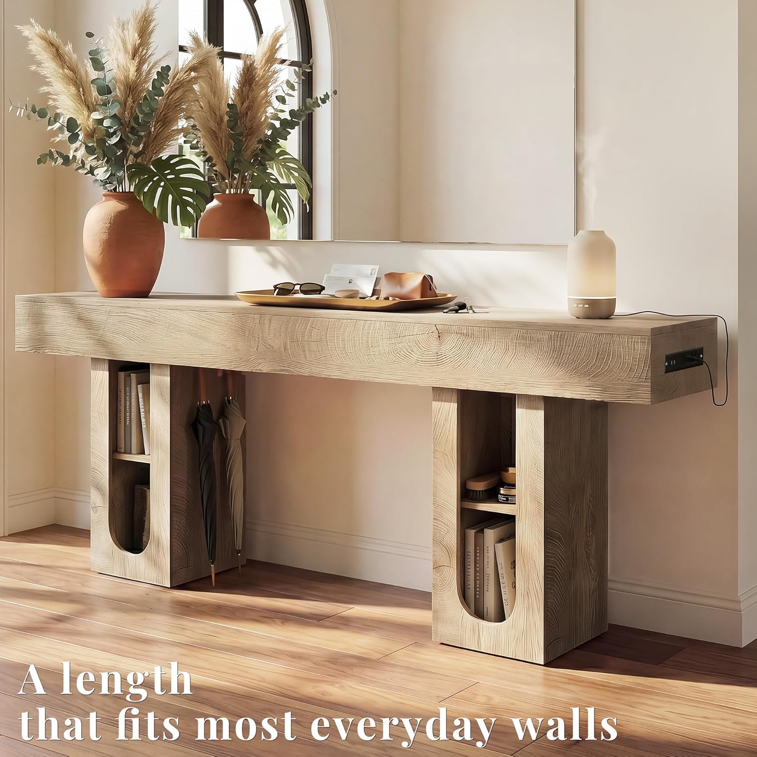 63 Inch Long Console Table with Outlet, Entryway Table with Storage Shelves, Thick Heavy Duty High Density MDF Farmhouse Sofa Table for Hallway Behind Couch,Living Room（Natural）