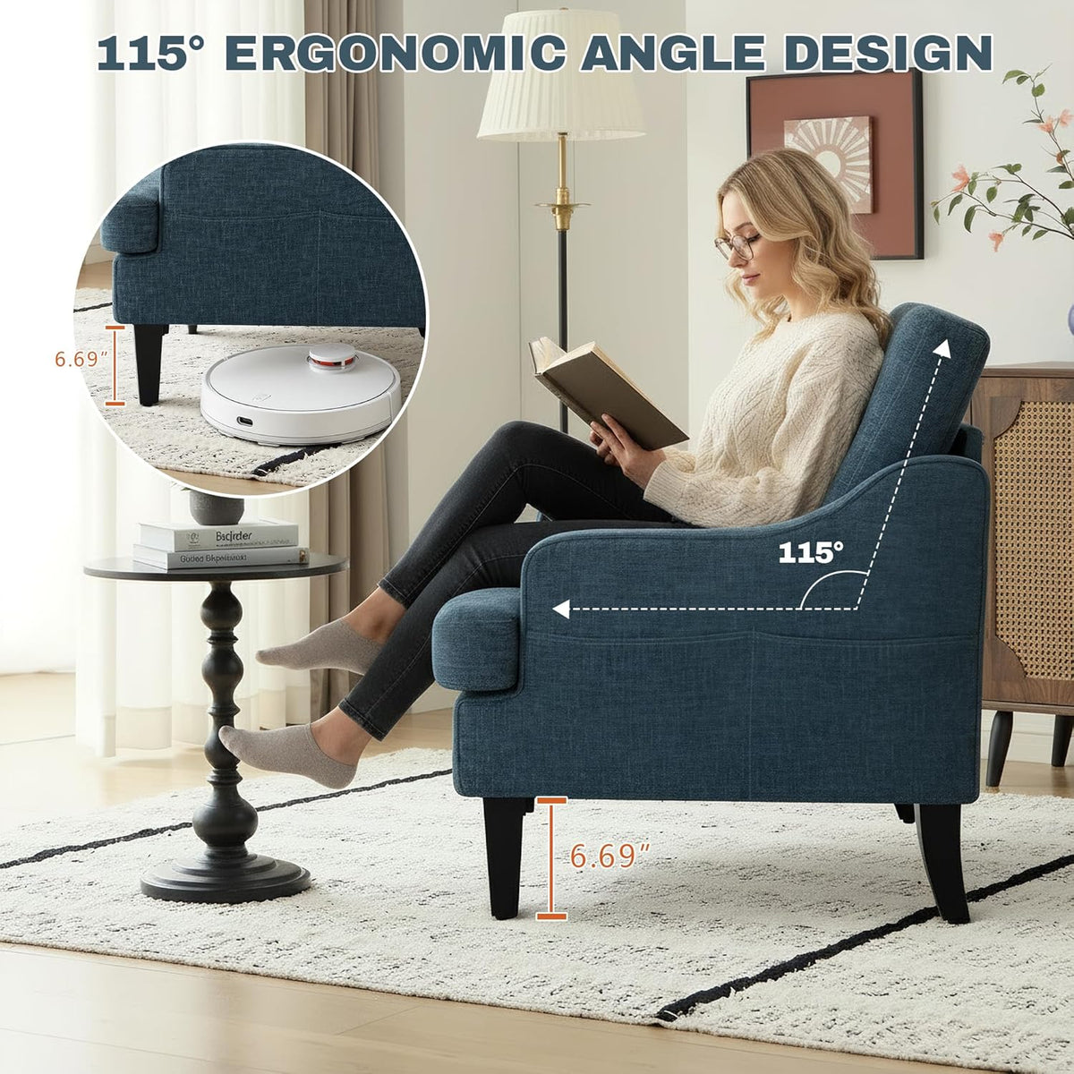 Set of 2 Accent Chair for Living Room,Mid-Century Arm Chair Chenille Fabric Living Room Chairs,Upholstered Reading Chair for Bedroom,Single Sofa Chair with Wood Legs for Apartment (Blue)