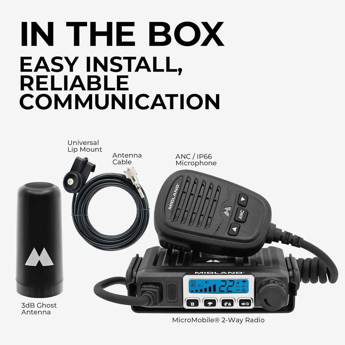 Midland® – MXT115VP3-15 Watt GMRS MicroMobile® Two-Way Radio - Off Roading Outdoor Farm - Extended 3dB gain Universal Lip Mount Antenna Dustproof Noise-Canceling Microphone - 8 Repeater Channels