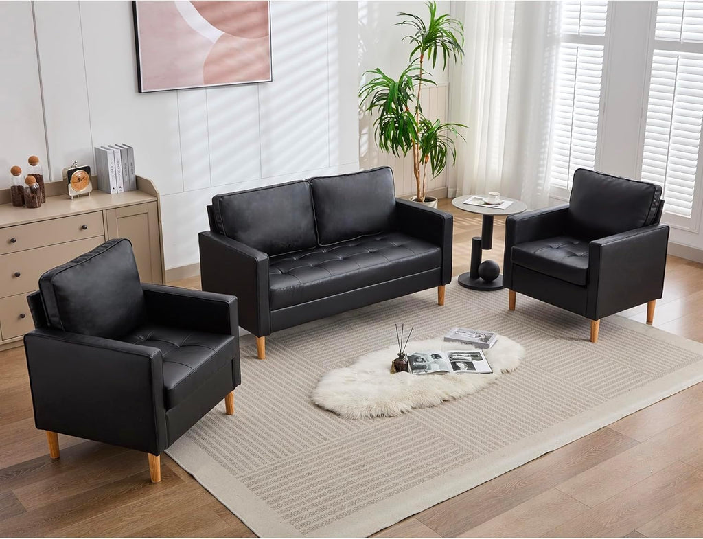 TYBOATLE 57" Small Black Faux Leather Sofa Couch, 3 Piece Living Room Set, Mid-Century Modern Tufted Comfy Loveseat, 2 Seater Office Couches Love Seat for Small Space Bedroom Drom Apartment Playroom