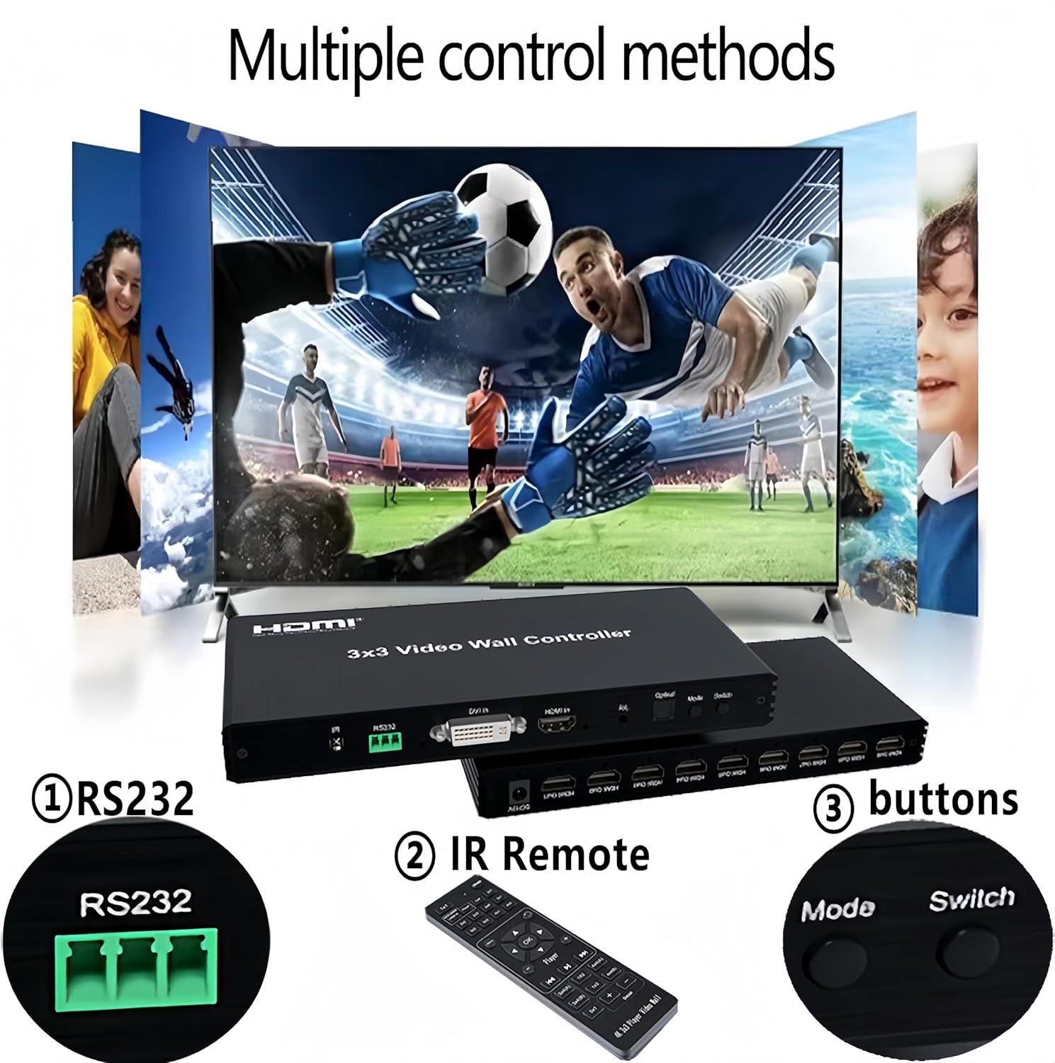 Video Wall Controller 3×3 HDMI Video Wall Splicing Processor 9-Channel TV Wall Controller 3x1 3x2 2×1 2x2 2x3 2x4 6×1 18 Modes With DVI Output Audio IR RS232 Buttons Push 9 Screens 1080P 60Hz 720P etc