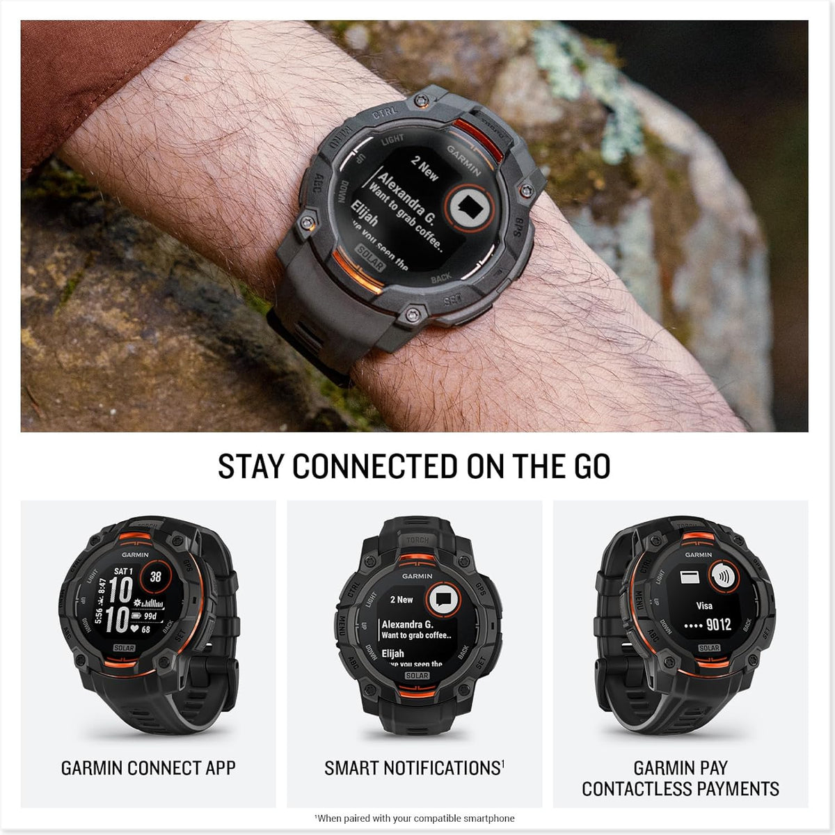 Garmin Instinct® 3 45mm, Solar Charged Display, Rugged Outdoor GPS Smartwatch, Metal-Reinforced Bezel, Built-in Flashlight, Black (Renewed)