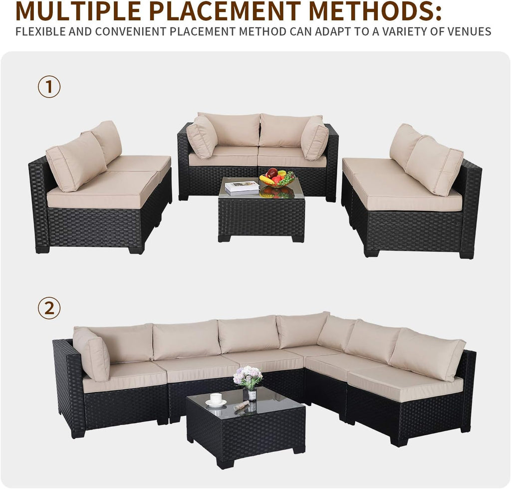 Valita 7 Pieces Outdoor Wicker Furniture Conversation Set Patio Sectional Sofa Set Glass Table with Non-Slip Cushions Furniture Cover, Khaki