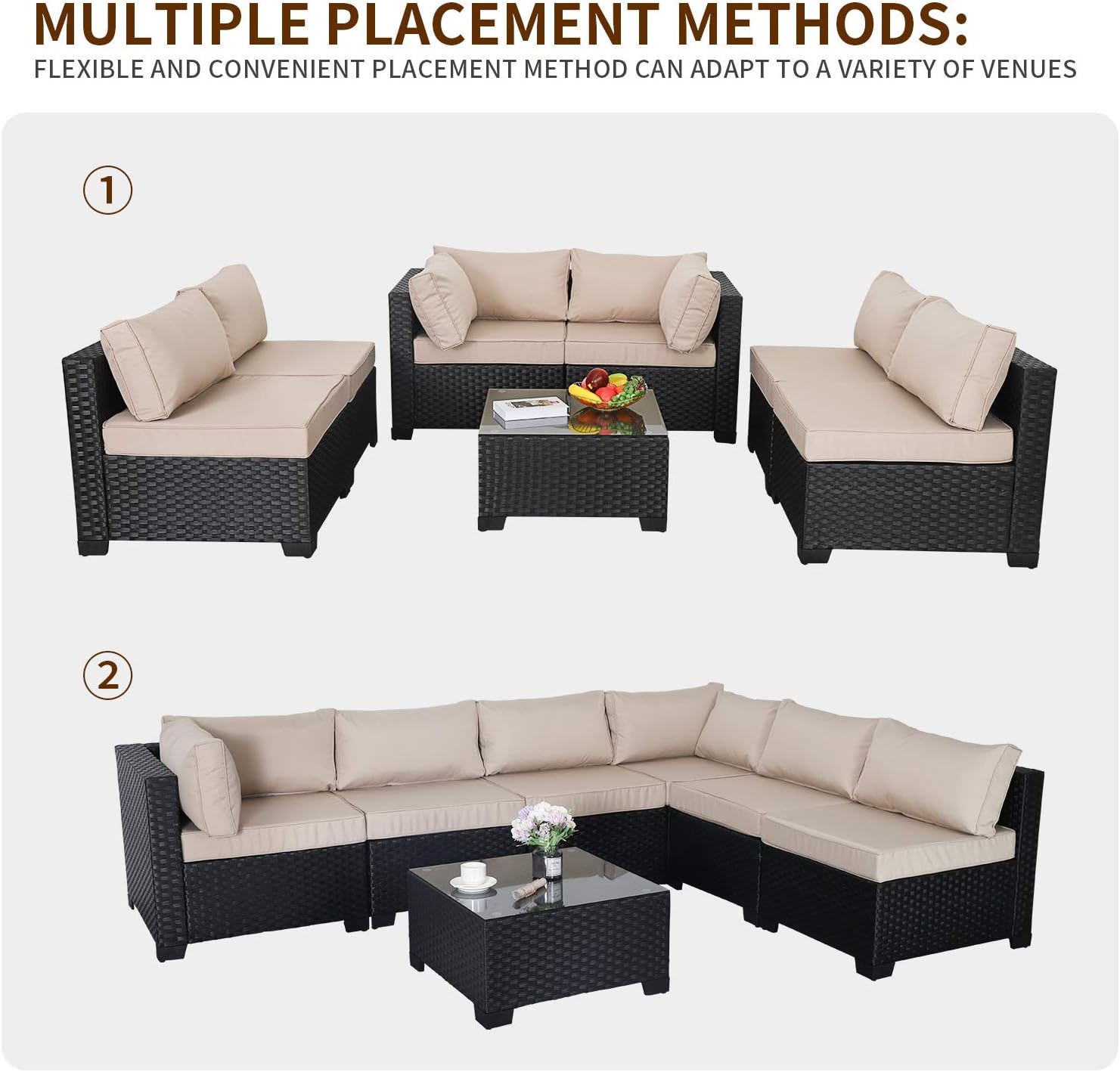 Valita 7 Pieces Outdoor Wicker Furniture Conversation Set Patio Sectional Sofa Set Glass Table with Non-Slip Cushions Furniture Cover, Khaki
