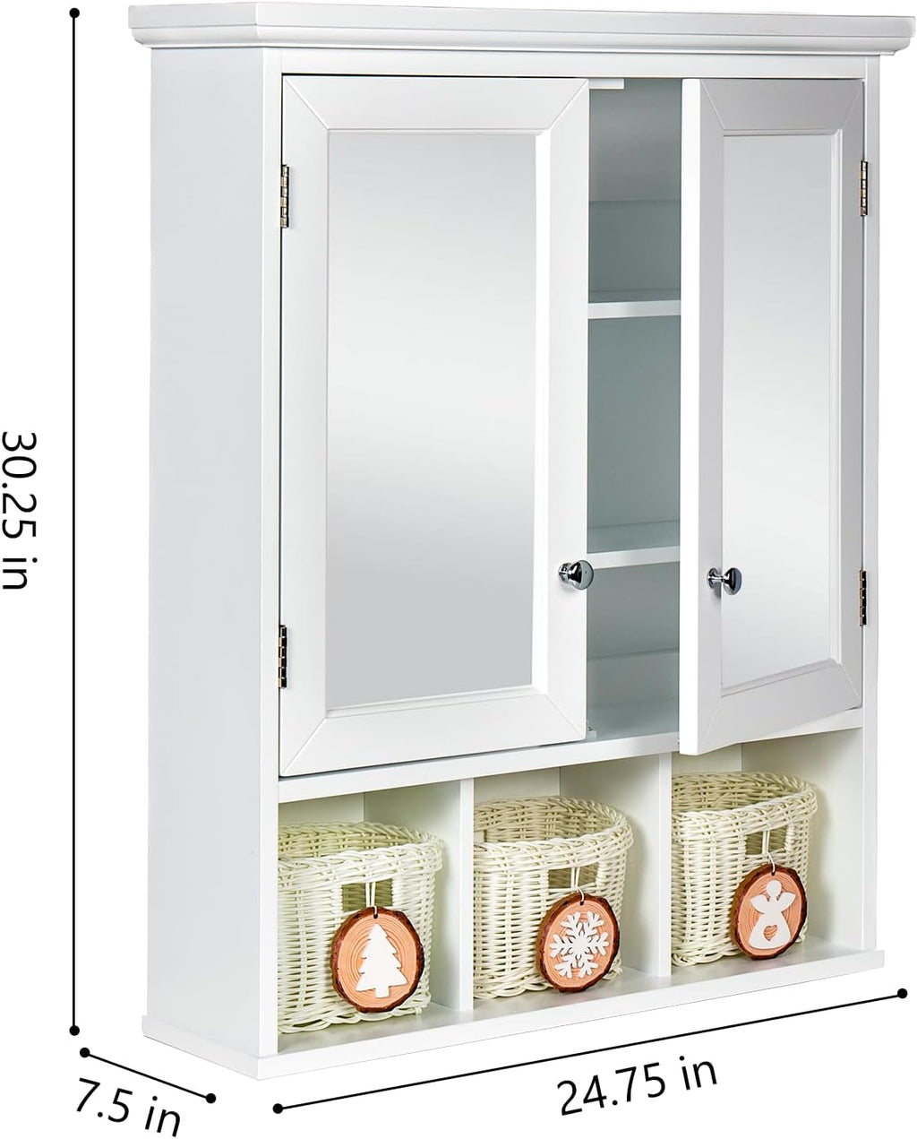 Medicine Cabinet, Bathroom Organiser, Wall Mounted Bathroom Cabinet with Mirror with 2 Adjustable Shelves and 3 Storage Baskets for Laundry Room, Kitchen