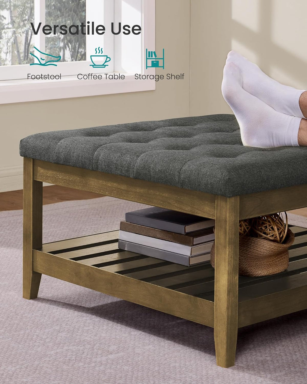 SONGMICS Storage Ottoman with Solid Wood Frame, Square Upholstered Ottoman Coffee Table, Footrest, Tufted Cushion, for Living Room, Easy Assembly, 31.5 x 31.5 x 17.7 Inches, Slate Gray ULSF008GN01